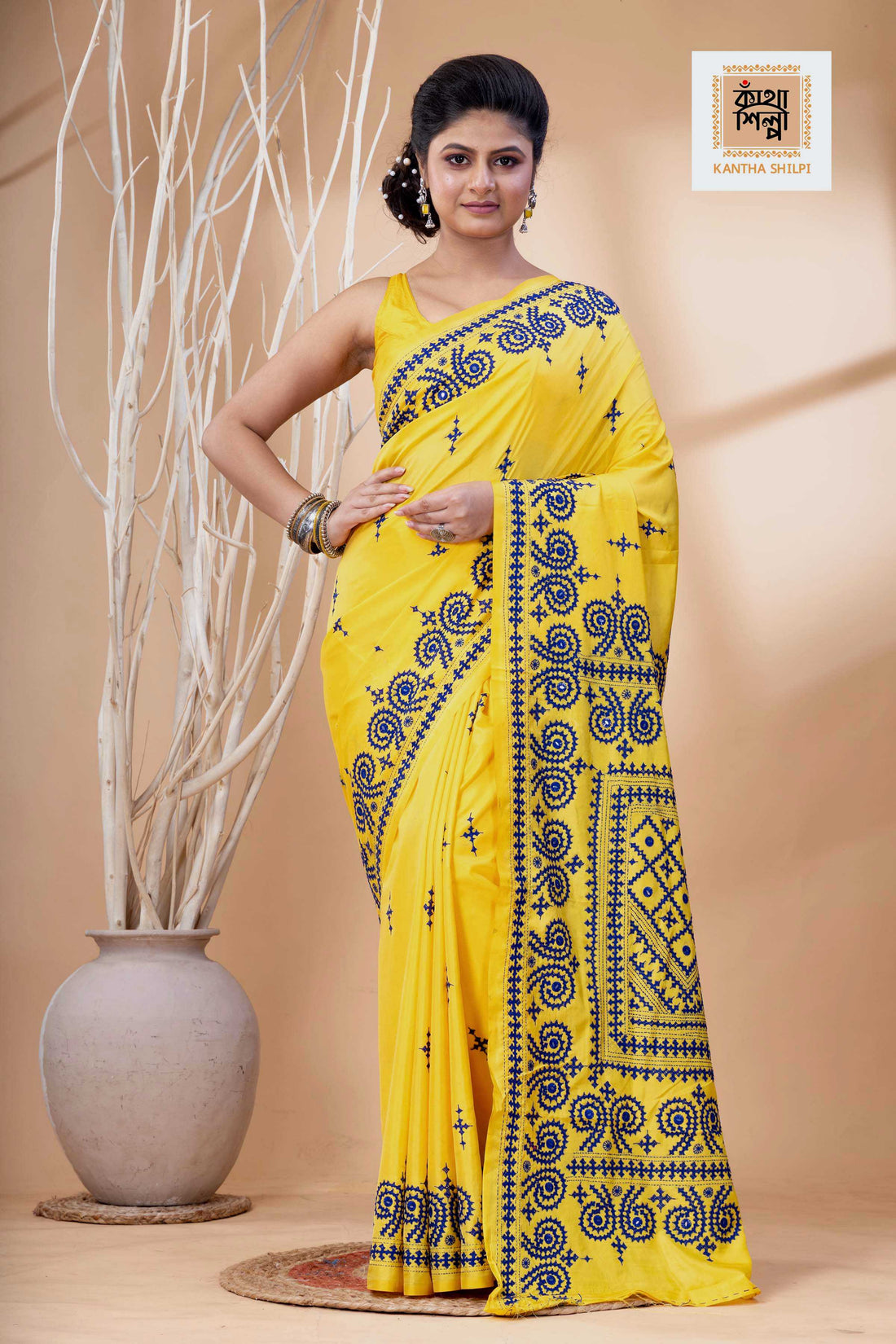 Yellow Bangalore Silk Blue Thread Work Gujrati Stitch Saree