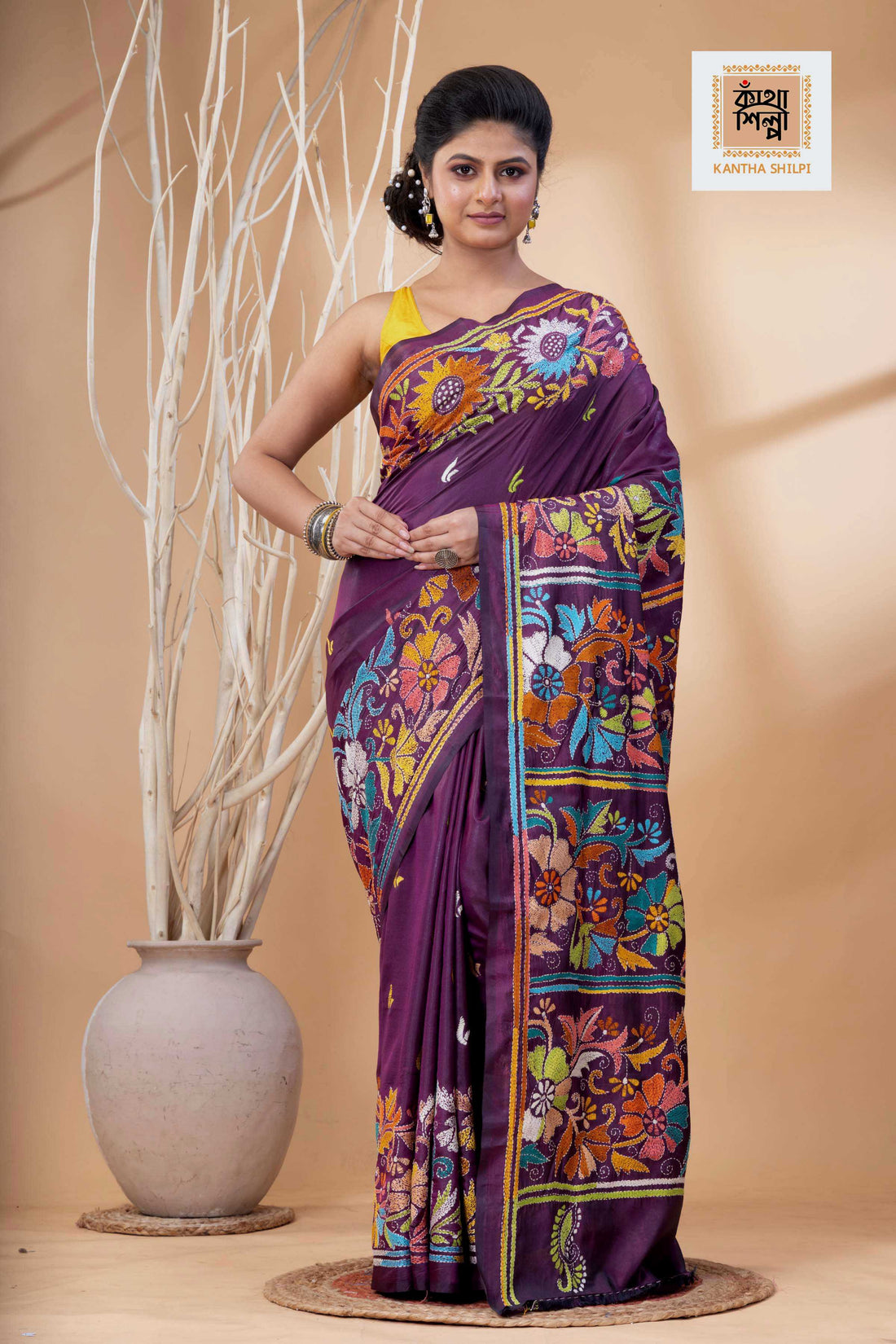 Magenta Color Bangalore Silk Multicolor Thread Work Kantha Stitch Saree