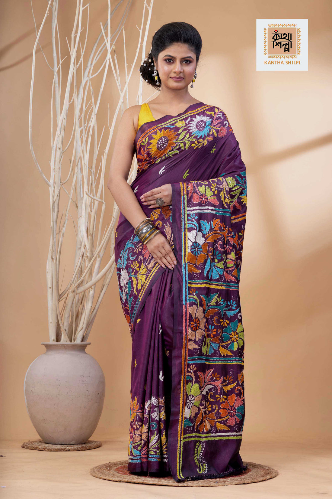 Magenta Color Bangalore Silk Multicolor Thread Work Kantha Stitch Saree