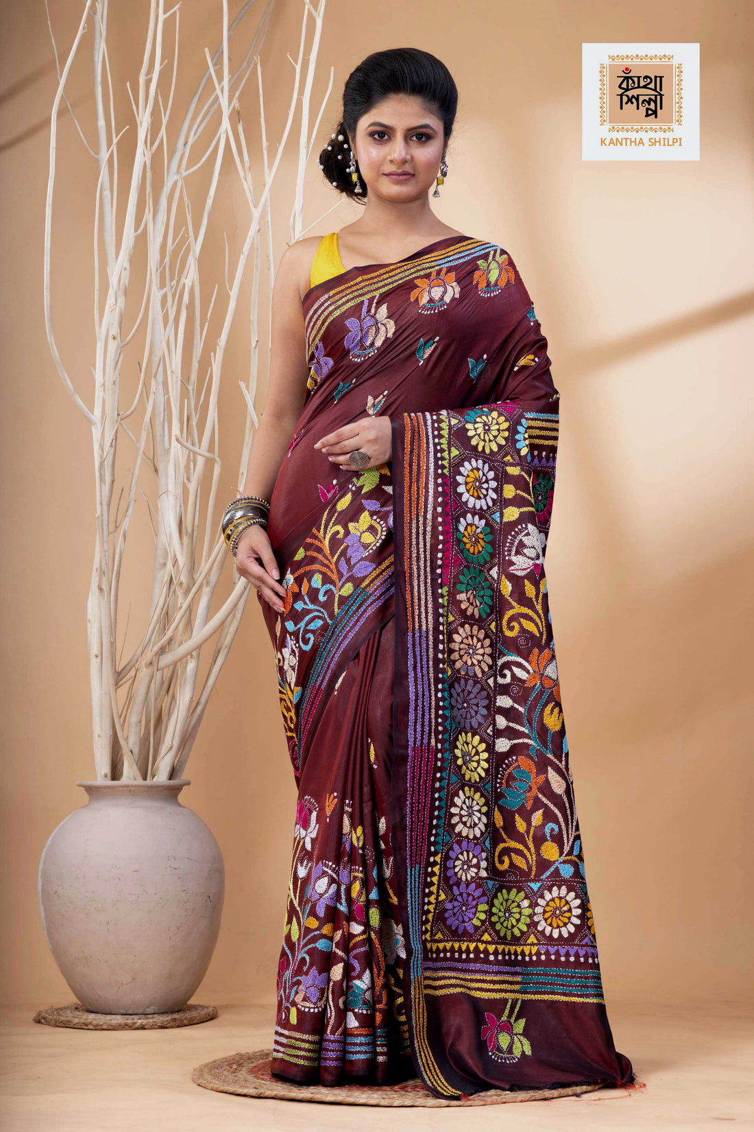 Maroon Color Bangalore Silk Multicolor Thread Work Kantha Stitch Saree
