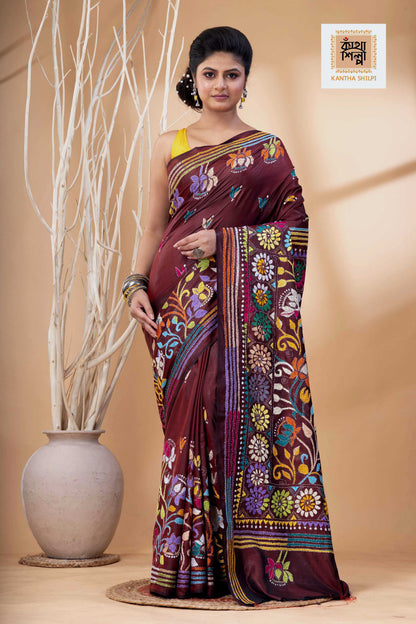 Maroon Color Bangalore Silk Multicolor Thread Work Kantha Stitch Saree