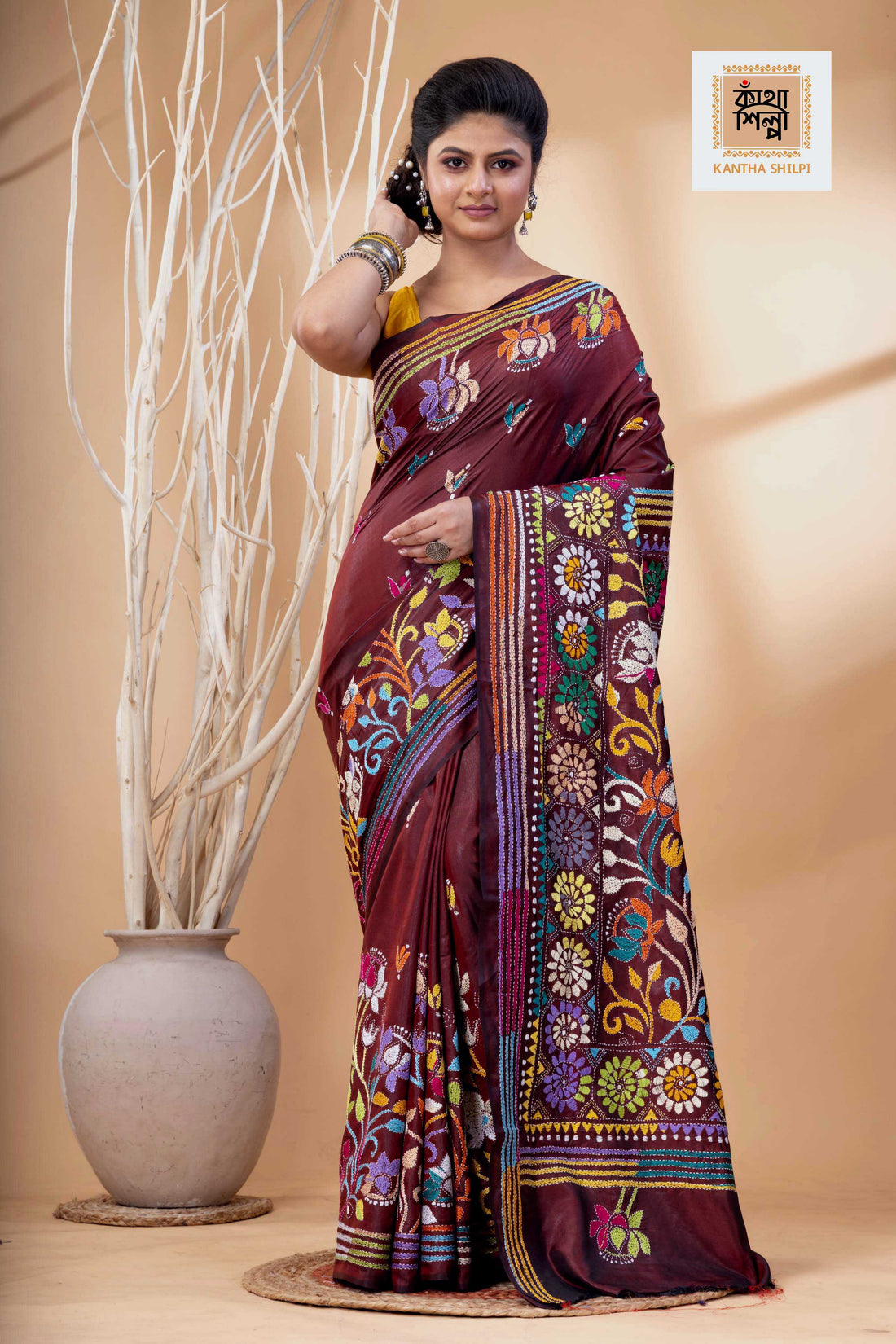 Maroon Color Bangalore Silk Multicolor Thread Work Kantha Stitch Saree