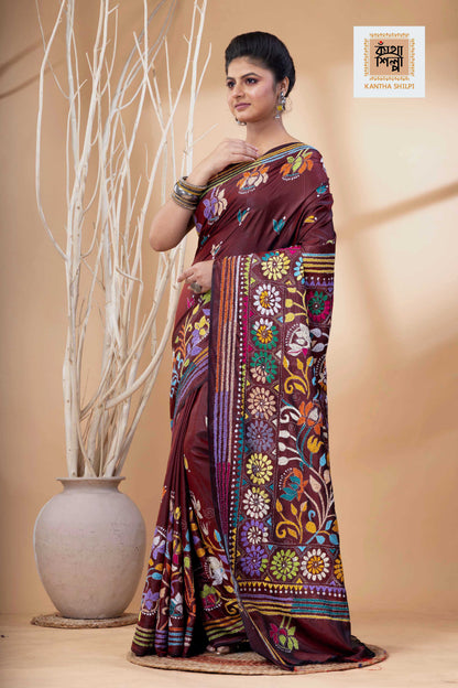 Maroon Color Bangalore Silk Multicolor Thread Work Kantha Stitch Saree