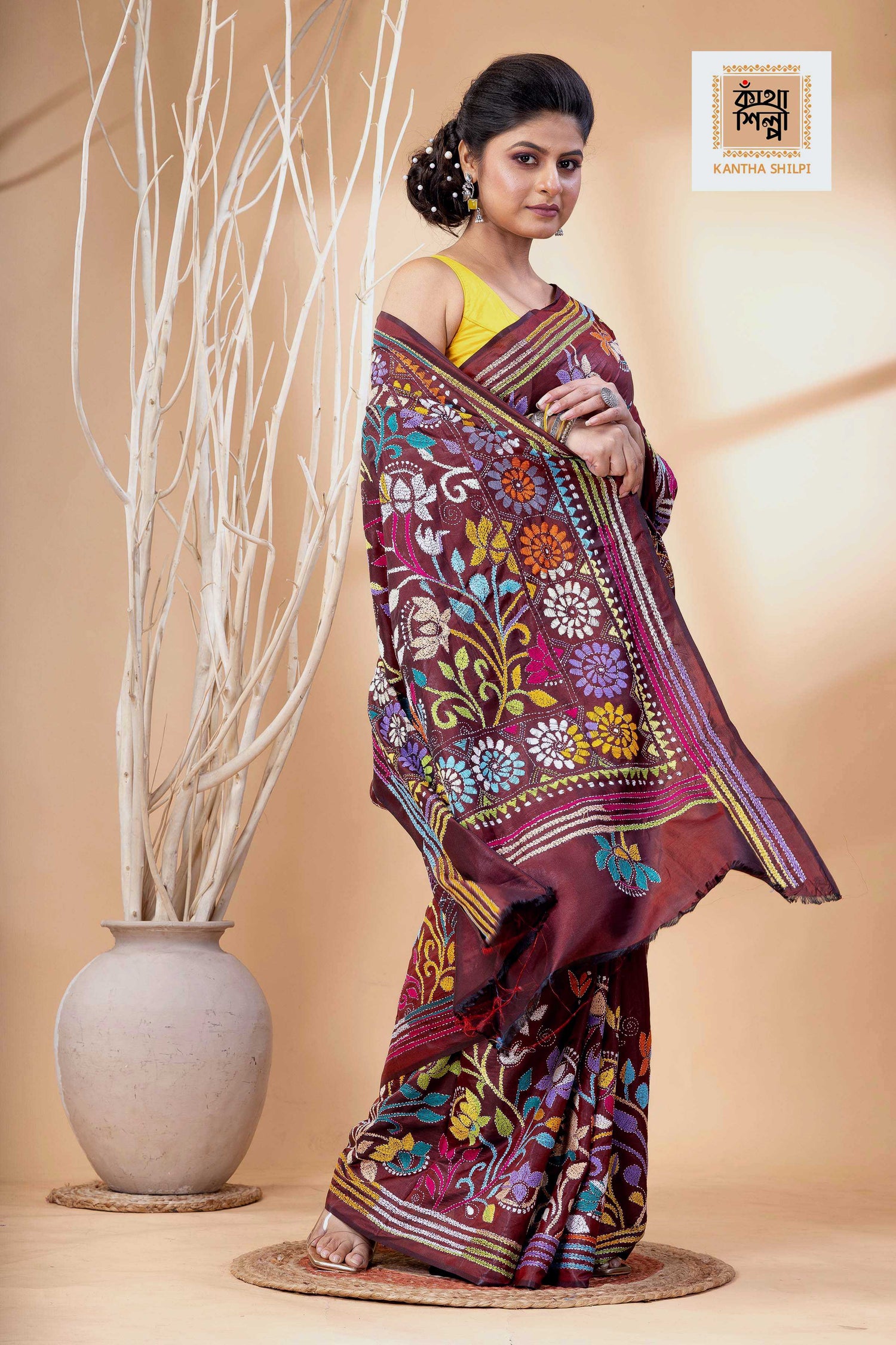 Maroon Color Bangalore Silk Multicolor Thread Work Kantha Stitch Saree