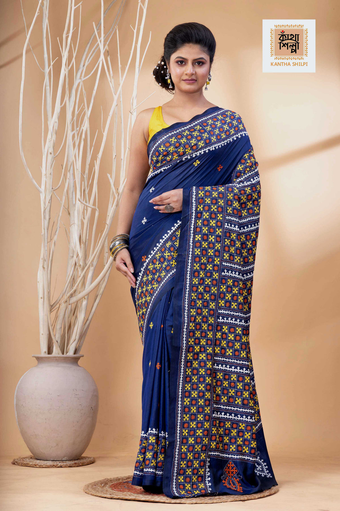 Blue Bangalore Silk Tri-color Thread Work Gujrati Stitch Saree