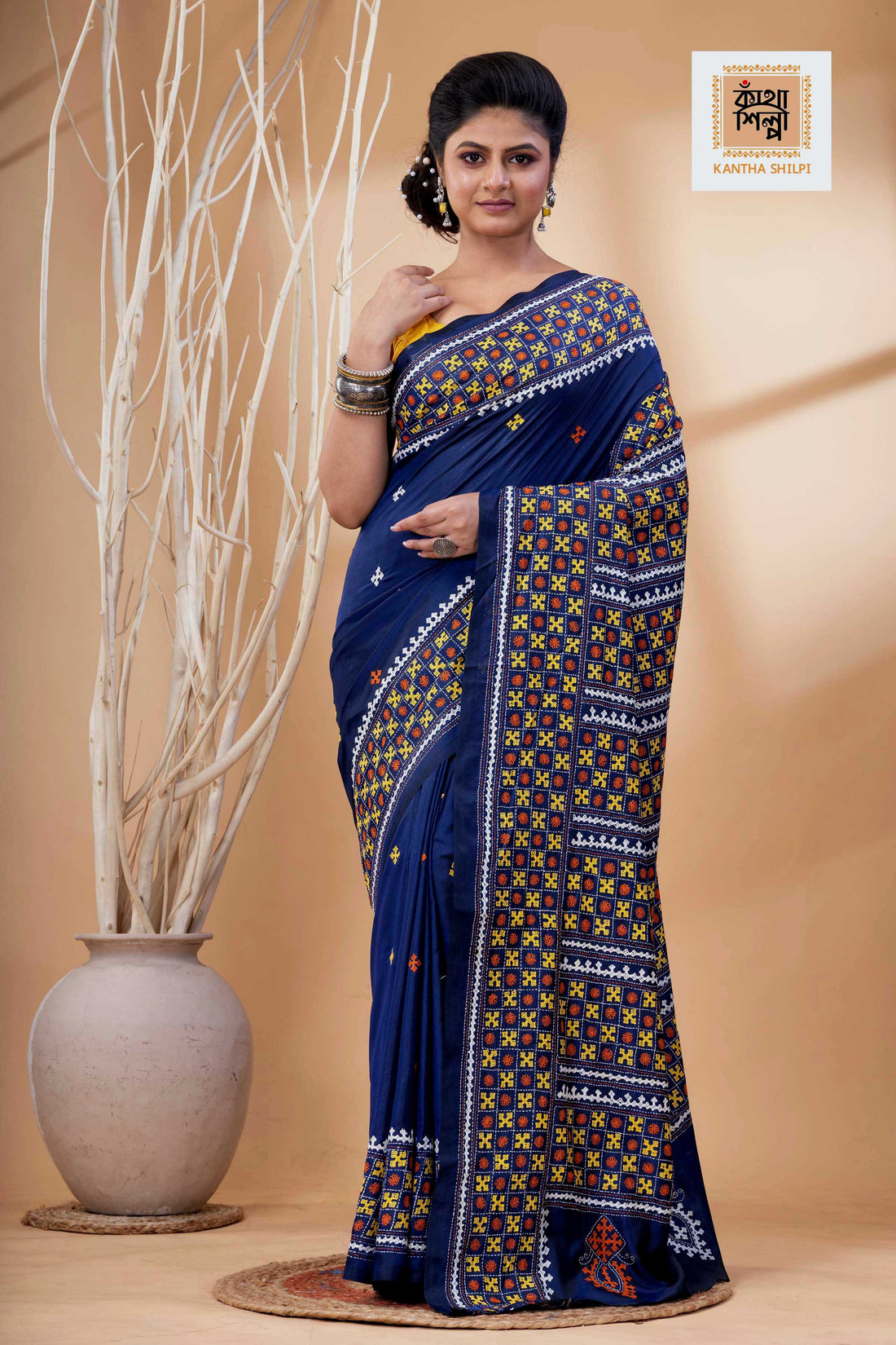 Blue Bangalore Silk Tri-color Thread Work Gujrati Stitch Saree