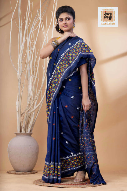 Blue Bangalore Silk Tri-color Thread Work Gujrati Stitch Saree