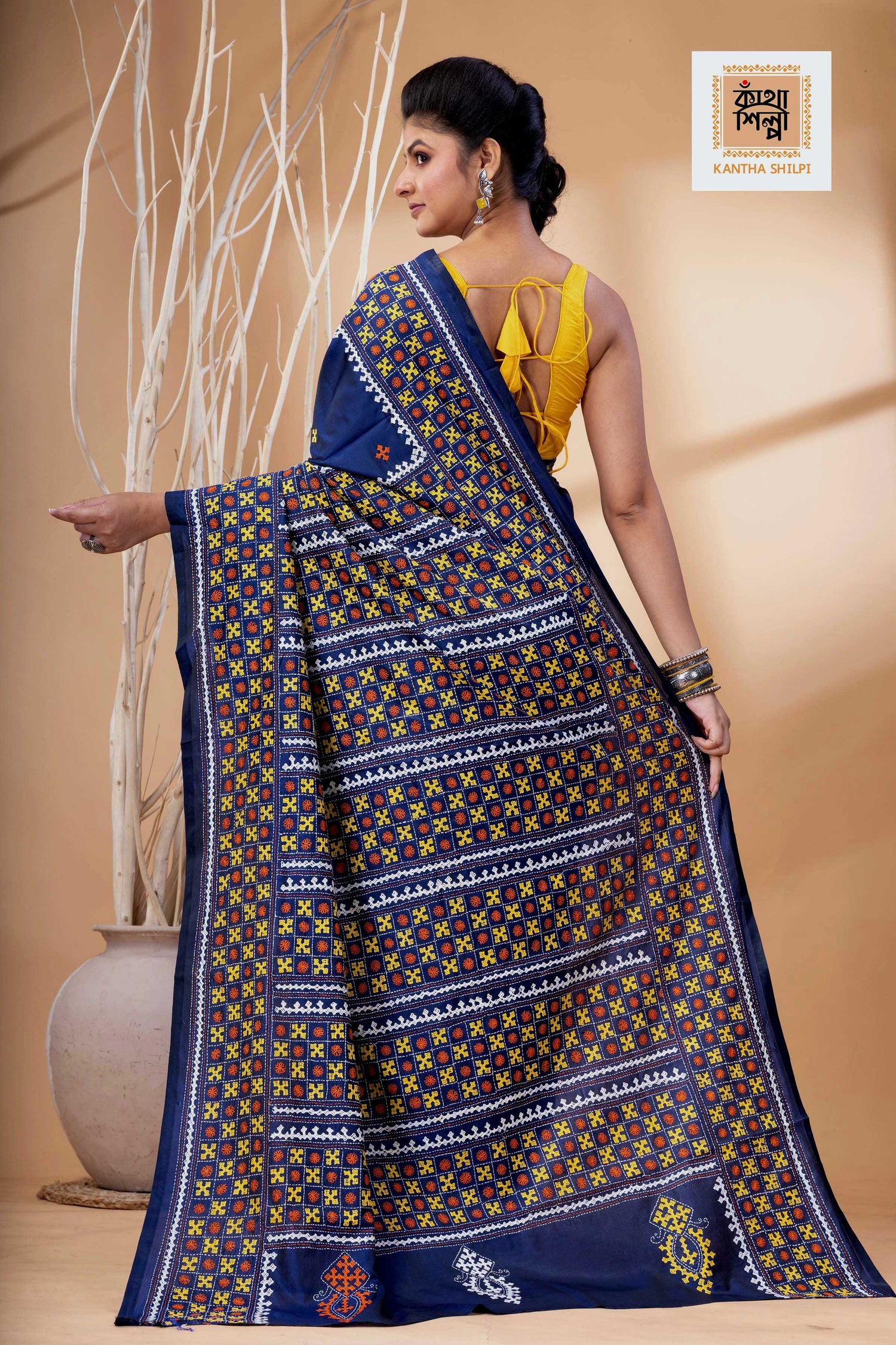 Blue Bangalore Silk Tri-color Thread Work Gujrati Stitch Saree