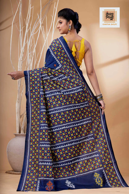Blue Bangalore Silk Tri-color Thread Work Gujrati Stitch Saree