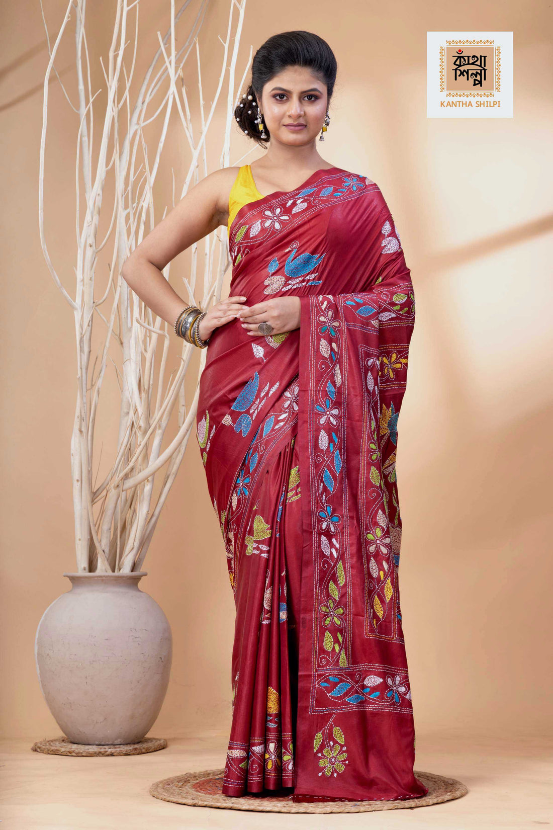 Rosewood Color Bangalore Silk Multicolor Thread Work Kantha Stitch Saree