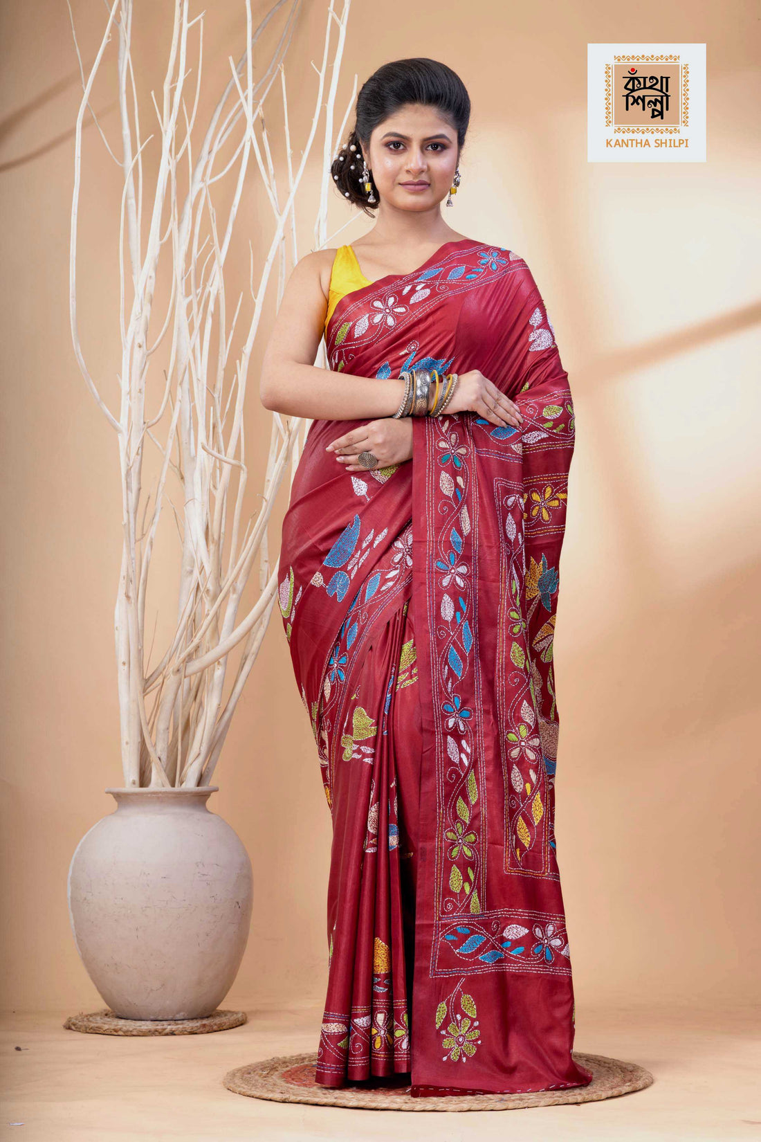 Rosewood Color Bangalore Silk Multicolor Thread Work Kantha Stitch Saree
