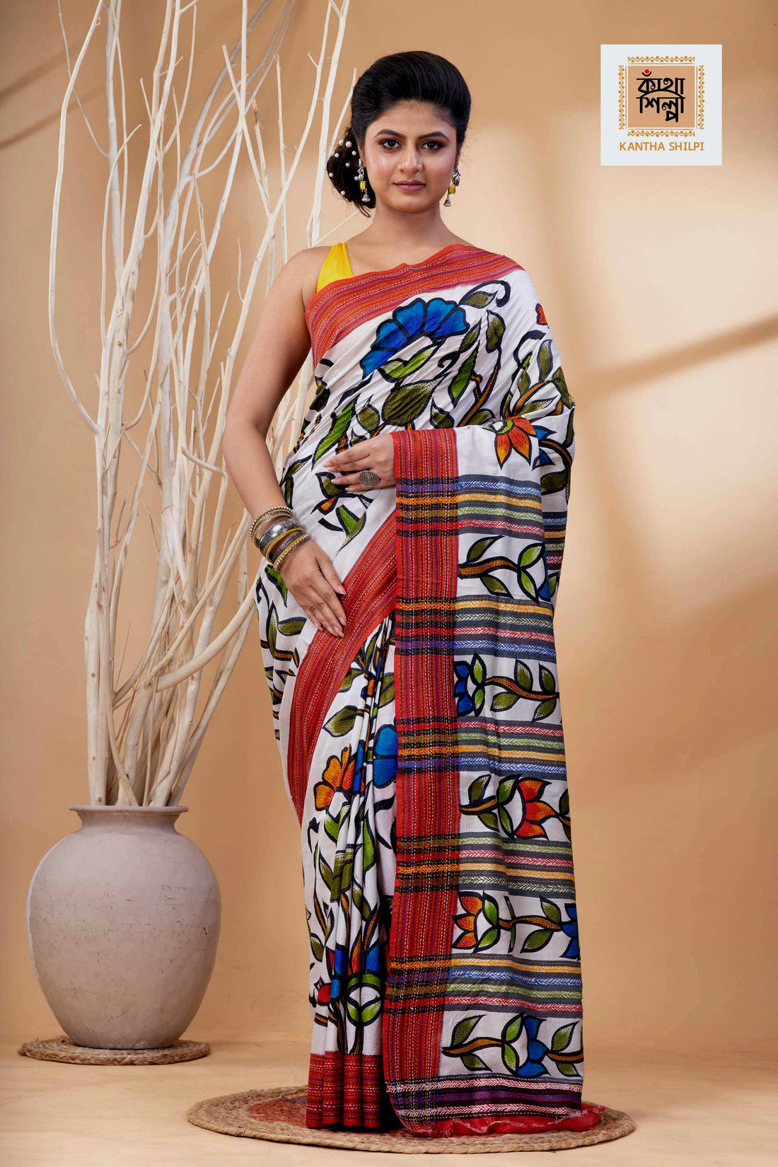 Bishnupur Silk Multicolor Thread Work Floral Design Kantha Stitch Saree