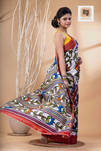 Bishnupur Silk Multicolor Thread Work Floral Design Kantha Stitch Saree