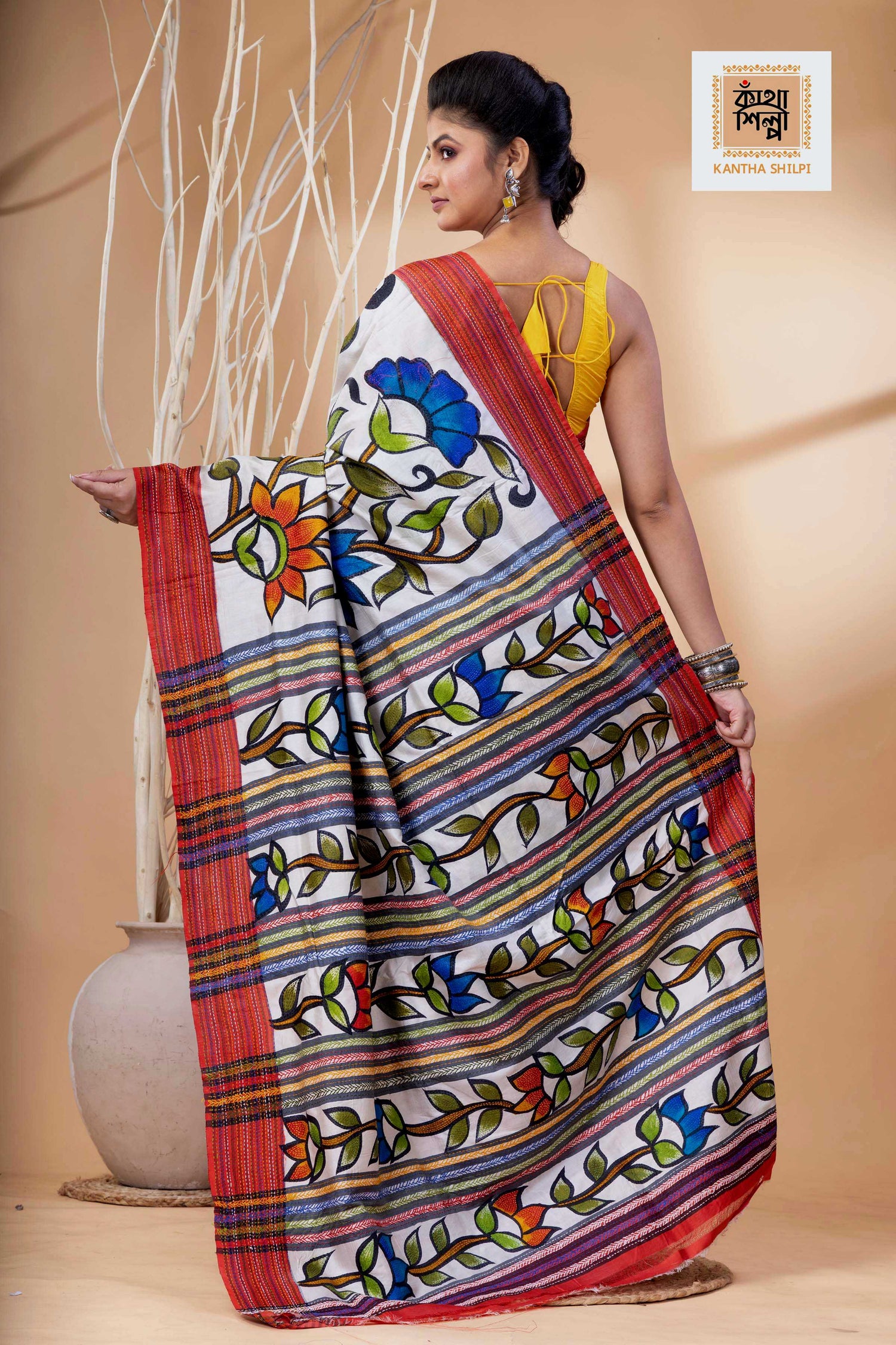 Bishnupur Silk Multicolor Thread Work Floral Design Kantha Stitch Saree