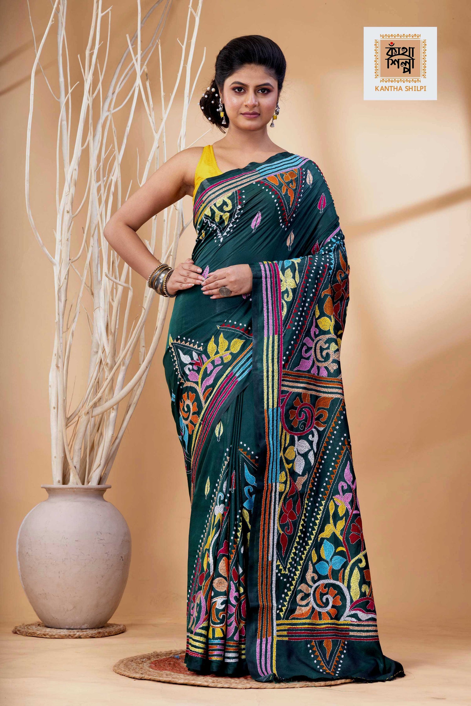Dark Green Color Bangalore Silk Multicolor Thread Work Kantha Stitch Saree