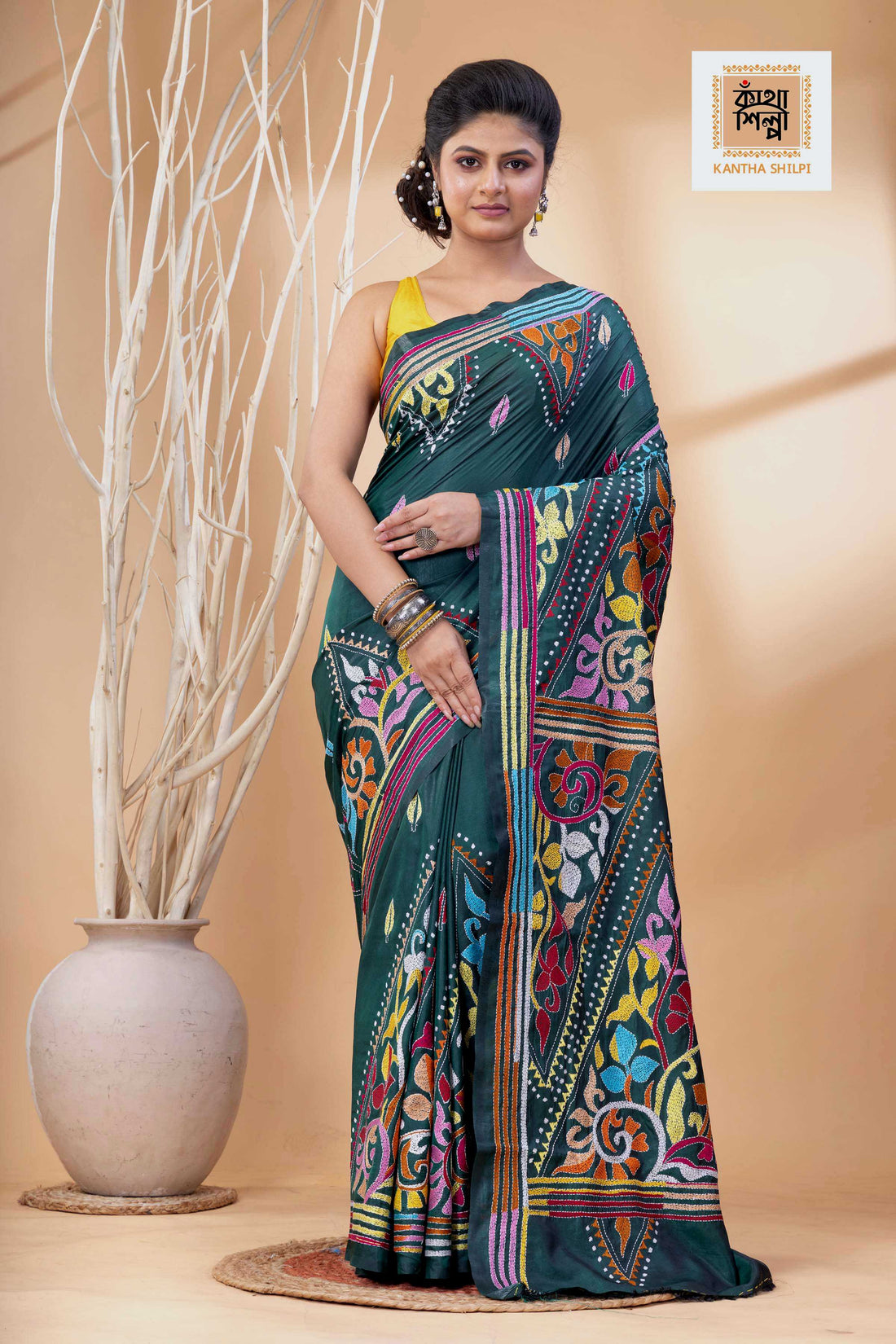 Dark Green Color Bangalore Silk Multicolor Thread Work Kantha Stitch Saree