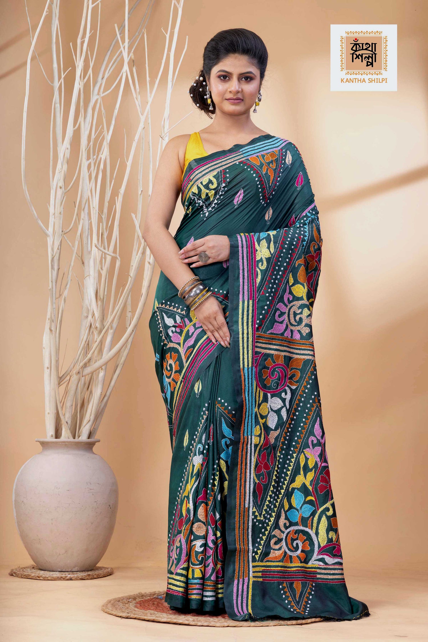 Dark Green Color Bangalore Silk Multicolor Thread Work Kantha Stitch Saree