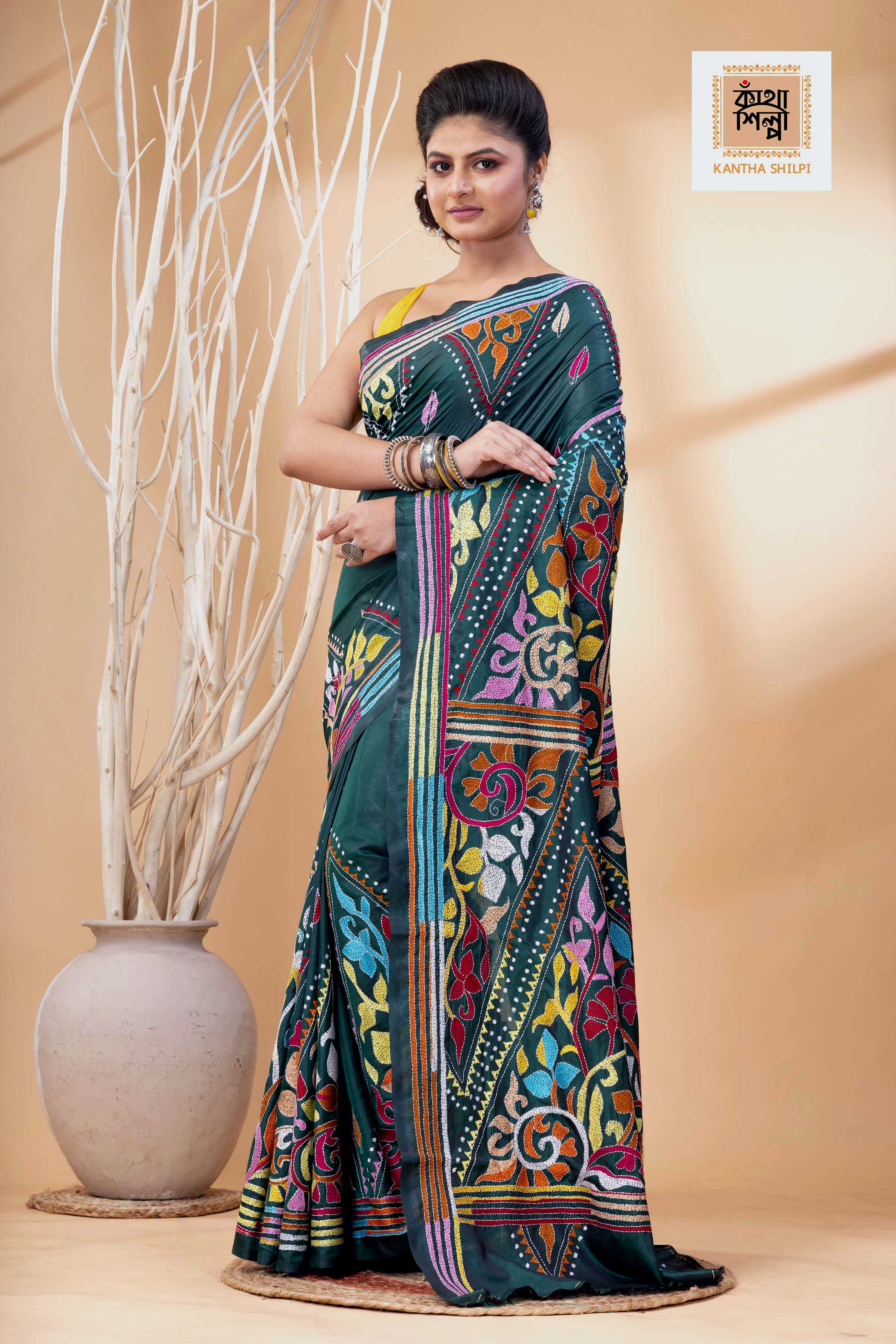 Dark Green Color Bangalore Silk Multicolor Thread Work Kantha Stitch Saree