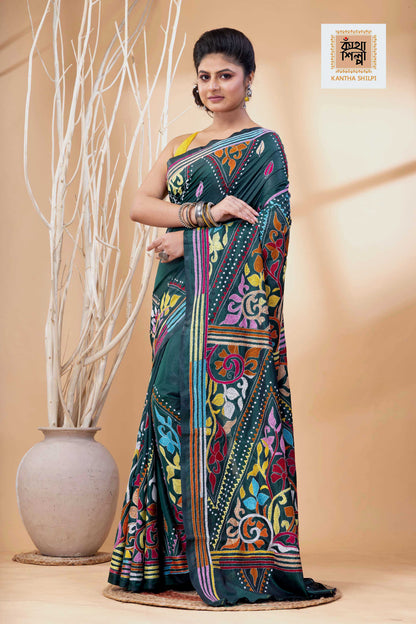 Dark Green Color Bangalore Silk Multicolor Thread Work Kantha Stitch Saree