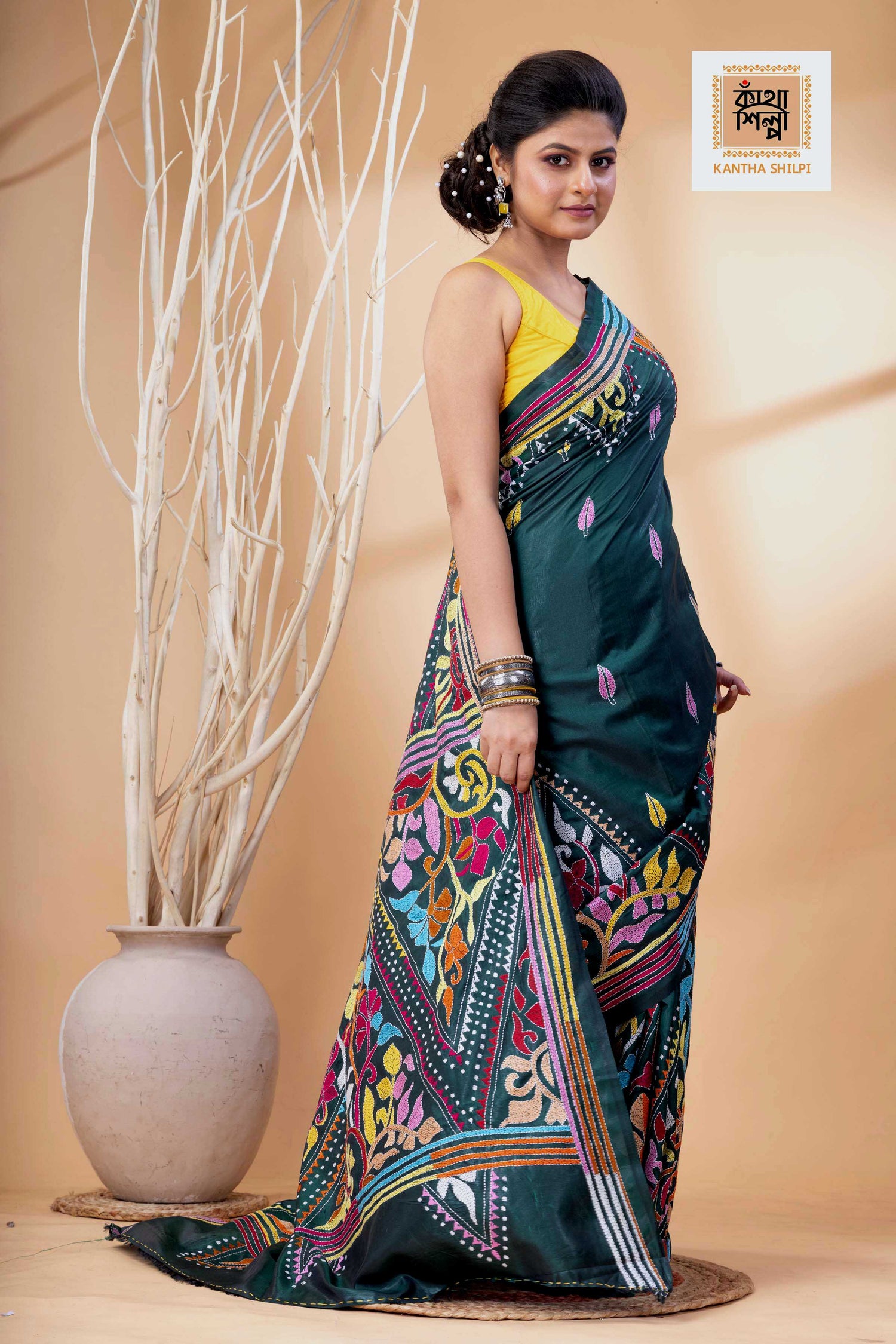 Dark Green Color Bangalore Silk Multicolor Thread Work Kantha Stitch Saree