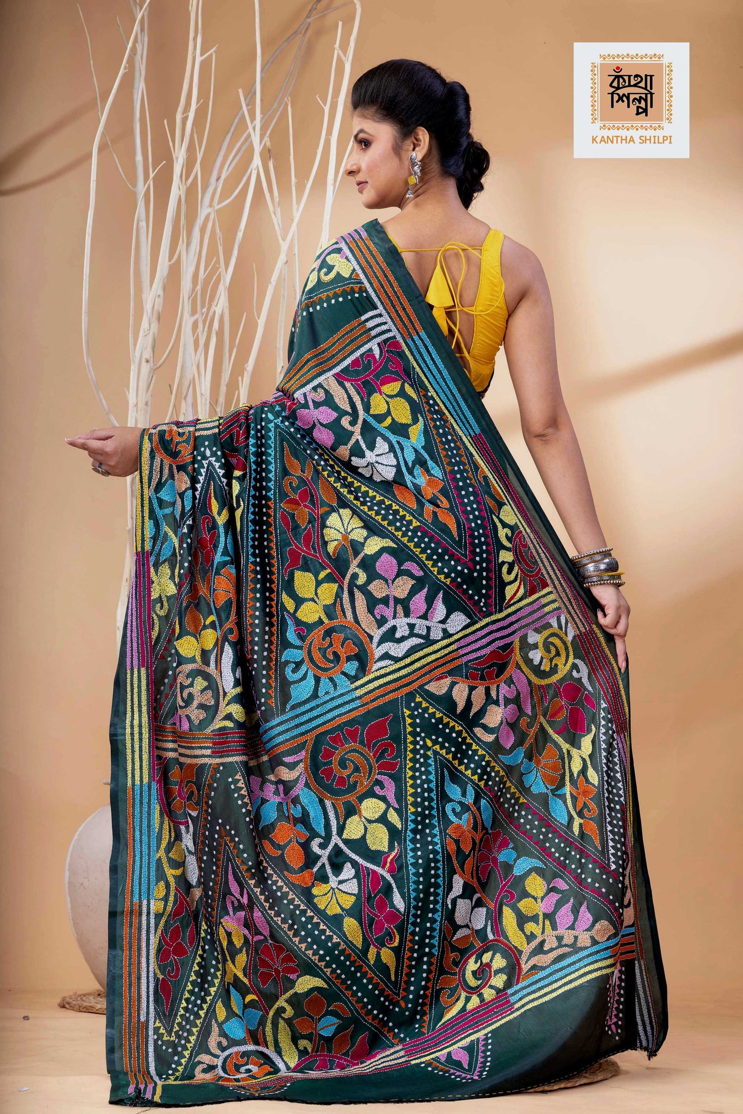 Dark Green Color Bangalore Silk Multicolor Thread Work Kantha Stitch Saree