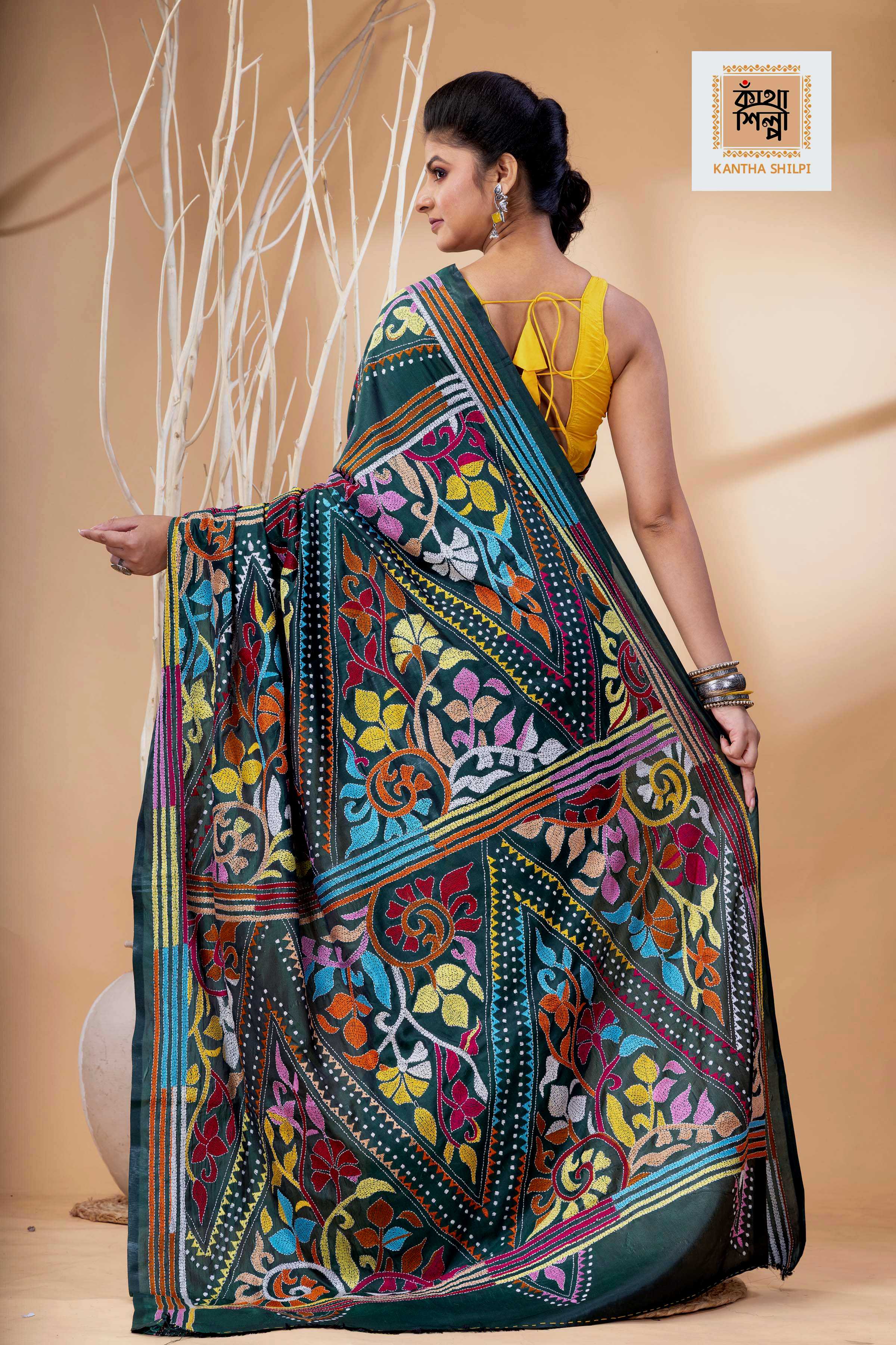 Dark Green Color Bangalore Silk Multicolor Thread Work Kantha Stitch Saree