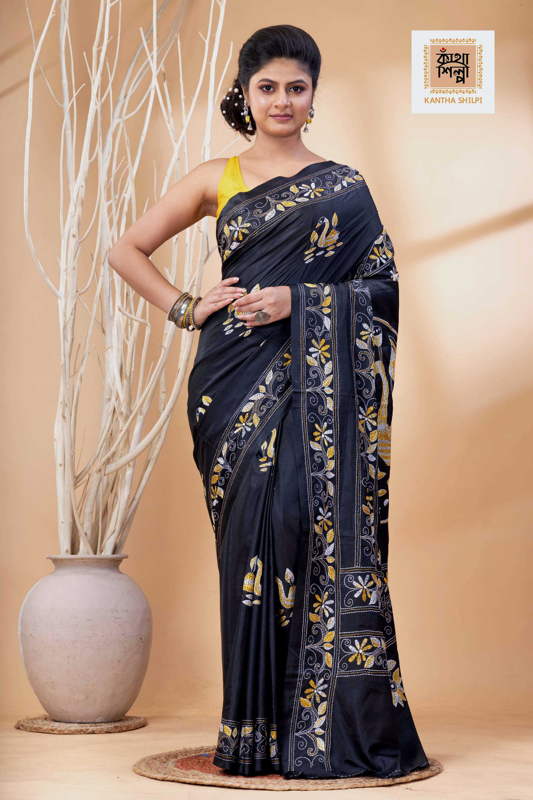 Black Color Bangalore Silk Multicolor Thread Work Kantha Stitch Saree