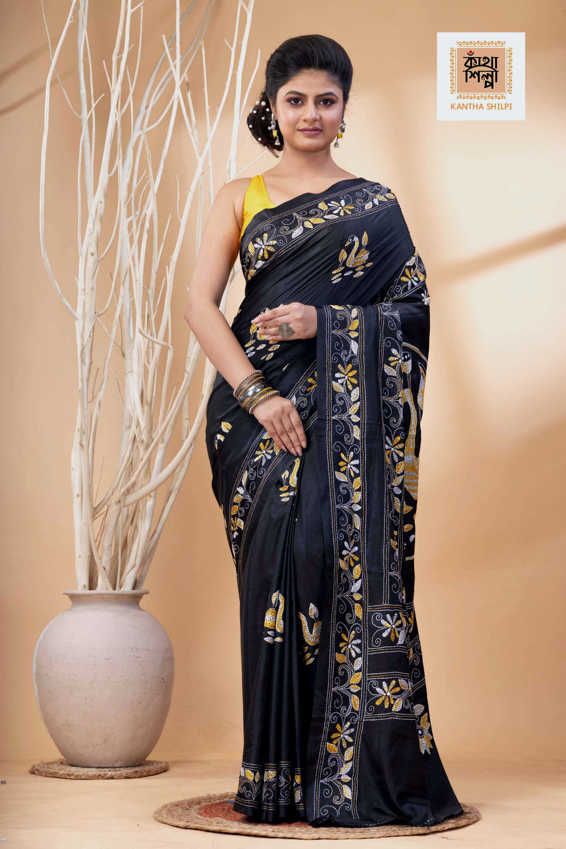 Black Color Bangalore Silk Multicolor Thread Work Kantha Stitch Saree