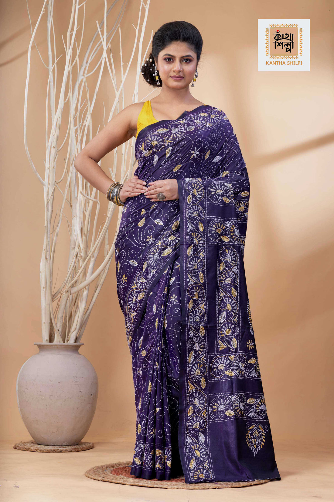 Purple Color Bangalore Silk Multicolor Thread Work Kantha Stitch Saree