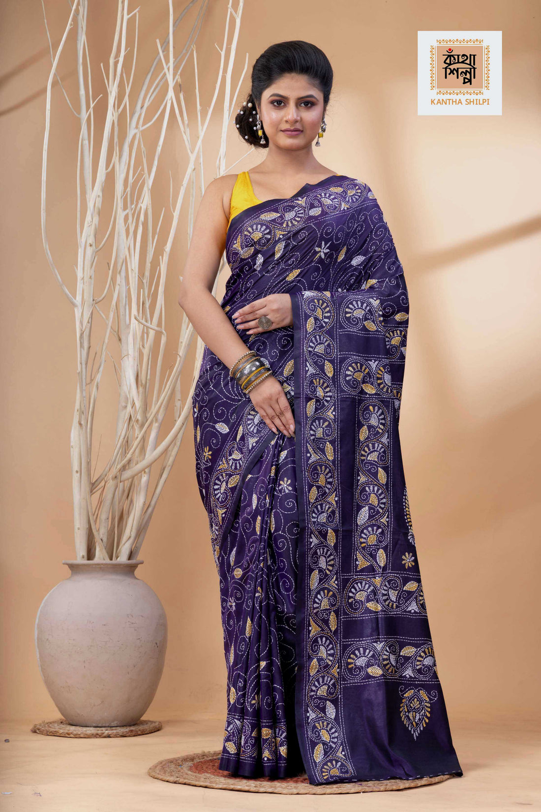 Purple Color Bangalore Silk Multicolor Thread Work Kantha Stitch Saree