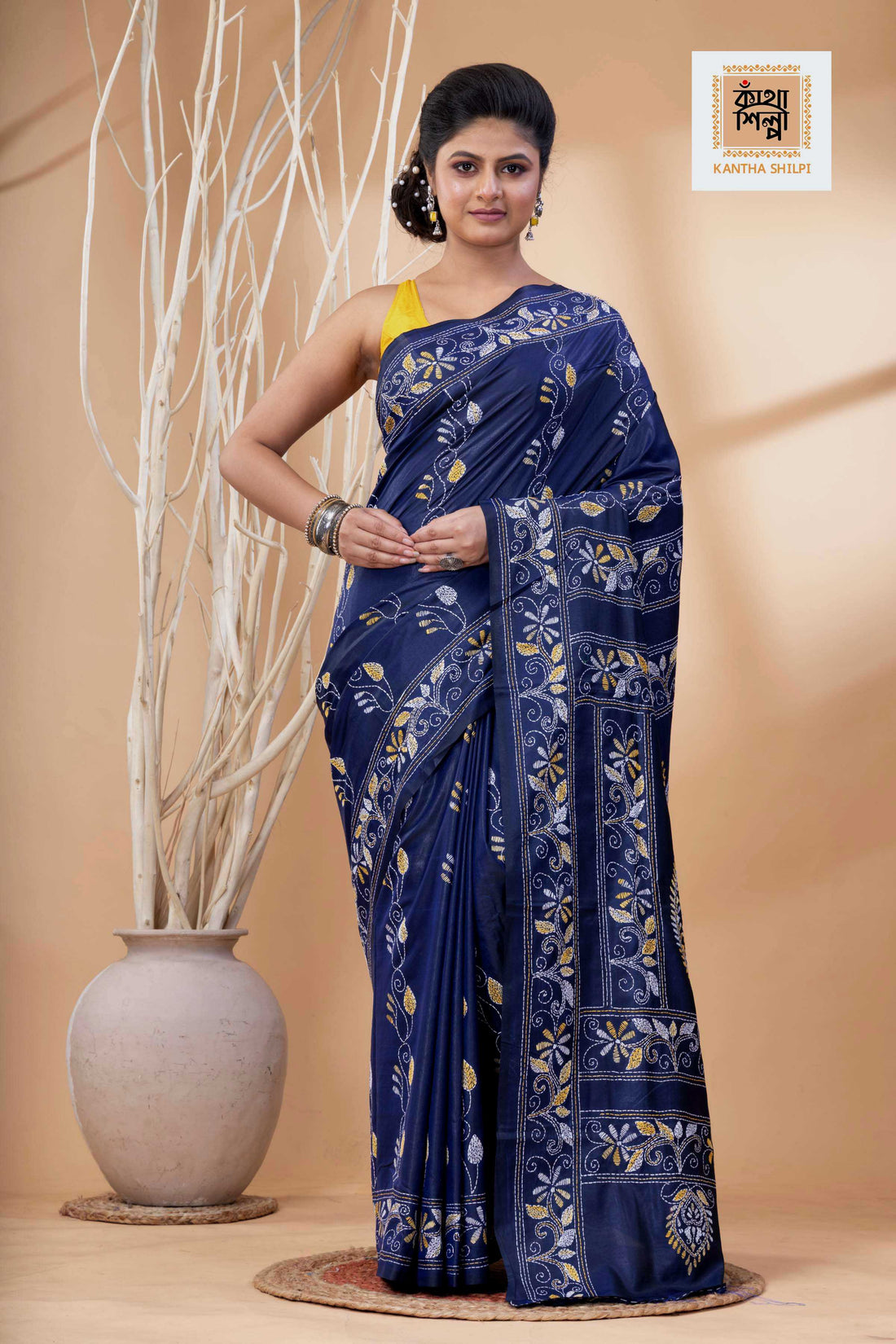 Blue Color Bangalore Silk Multicolor Thread Work Kantha Stitch Saree