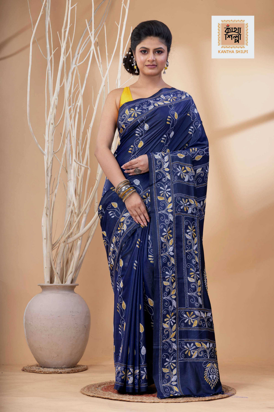 Blue Color Bangalore Silk Multicolor Thread Work Kantha Stitch Saree