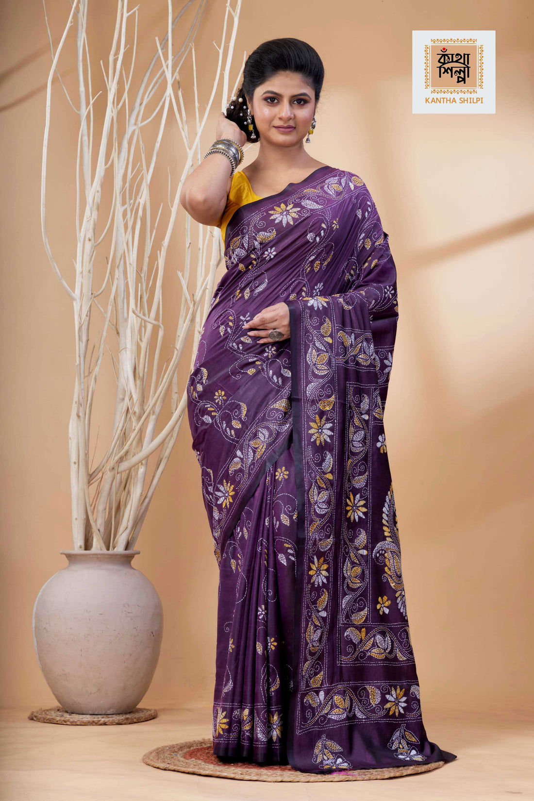 Purple Color Bangalore Silk Multicolor Thread Work Kantha Stitch Saree