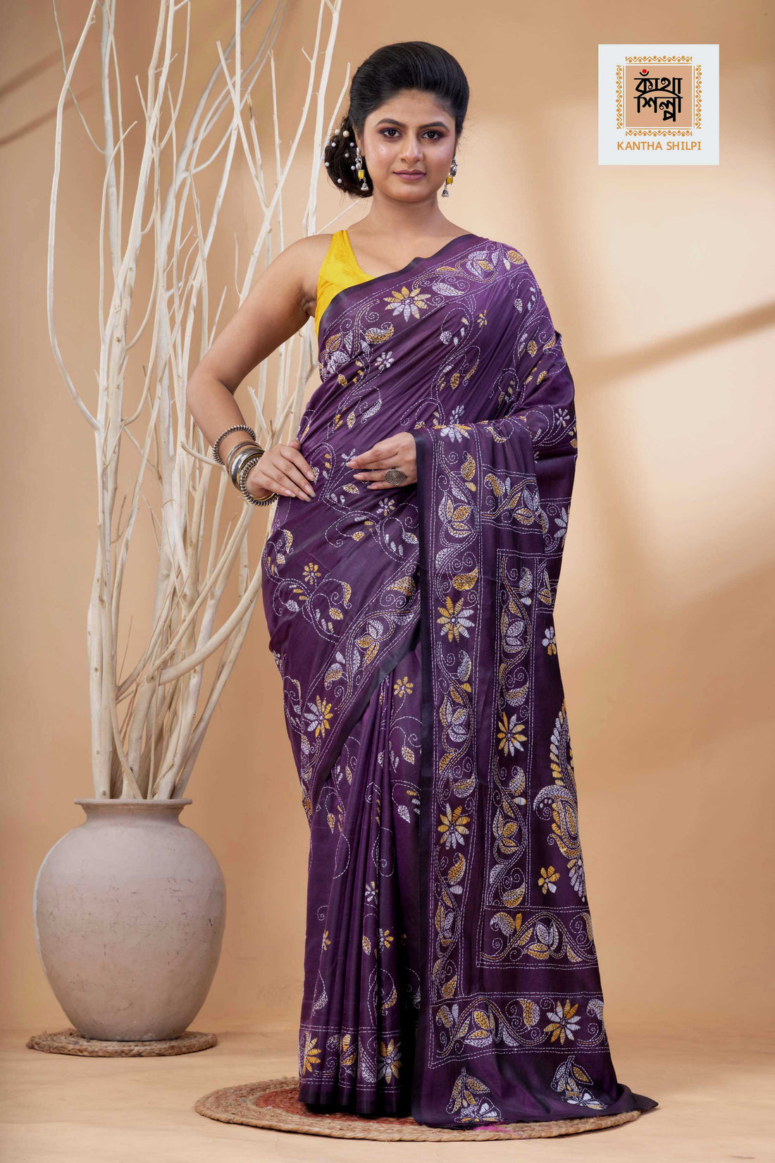 Purple Color Bangalore Silk Multicolor Thread Work Kantha Stitch Saree