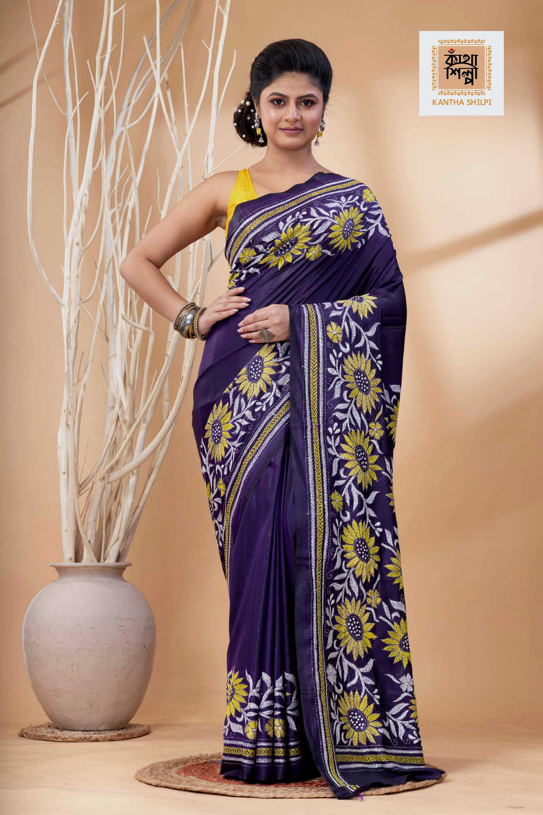 Purple Color Bangalore Silk White Yellow Color Thread Work Kantha Stitch Saree