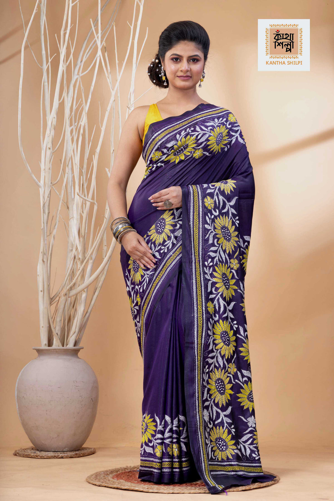 Purple Color Bangalore Silk White Yellow Color Thread Work Kantha Stitch Saree