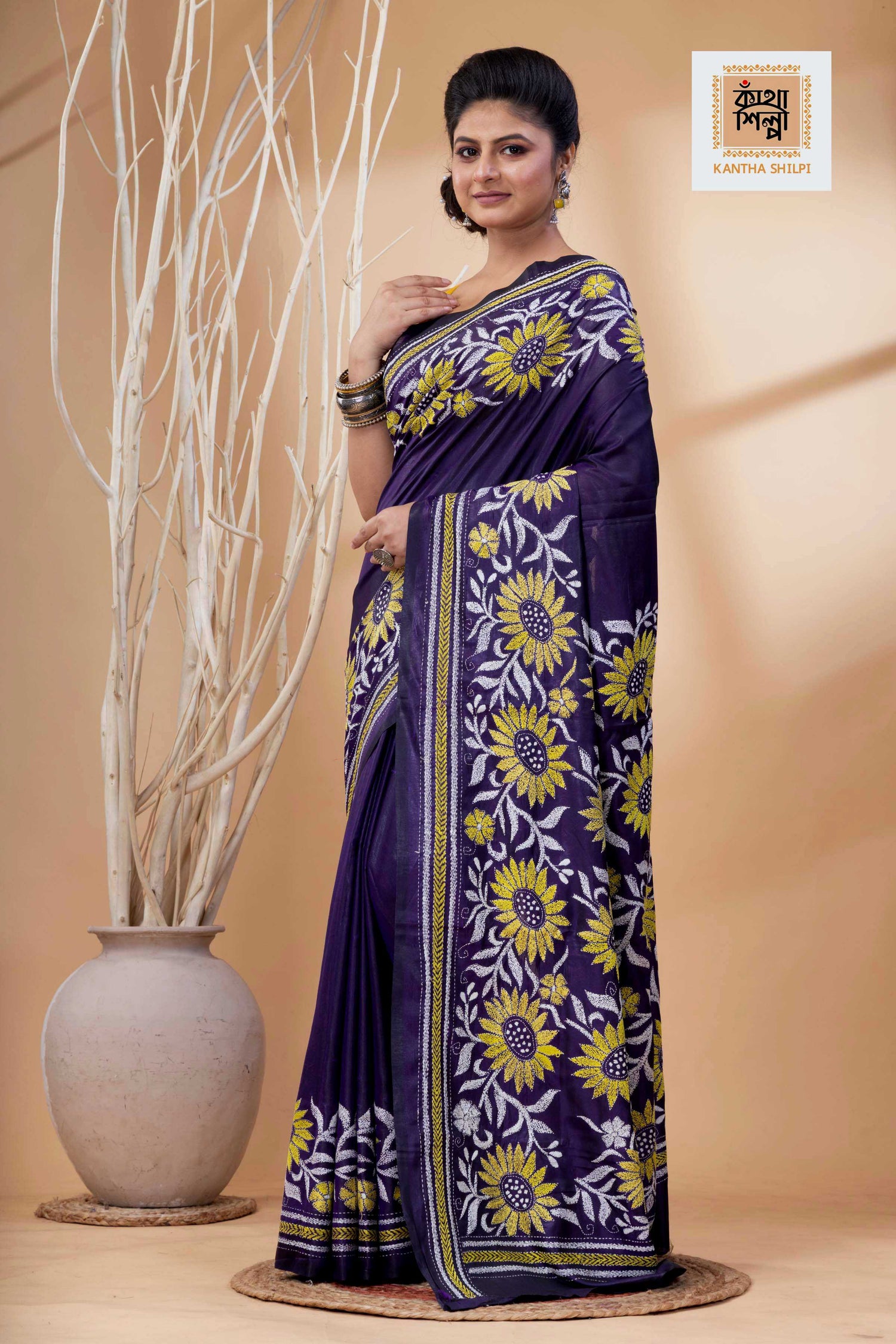 Purple Color Bangalore Silk White Yellow Color Thread Work Kantha Stitch Saree