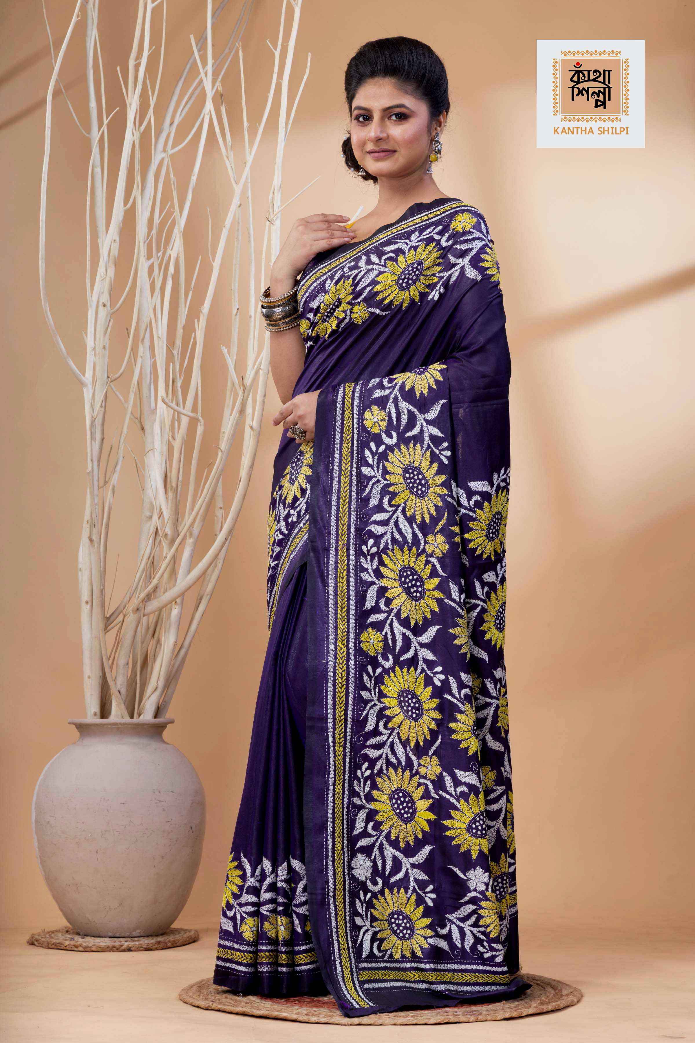 Purple Color Bangalore Silk White Yellow Color Thread Work Kantha Stitch Saree