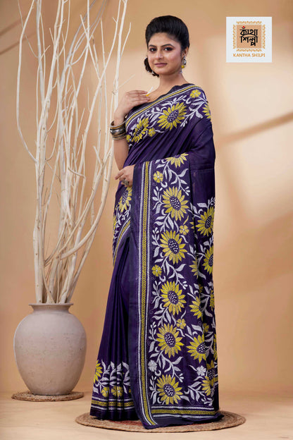 Purple Color Bangalore Silk White Yellow Color Thread Work Kantha Stitch Saree