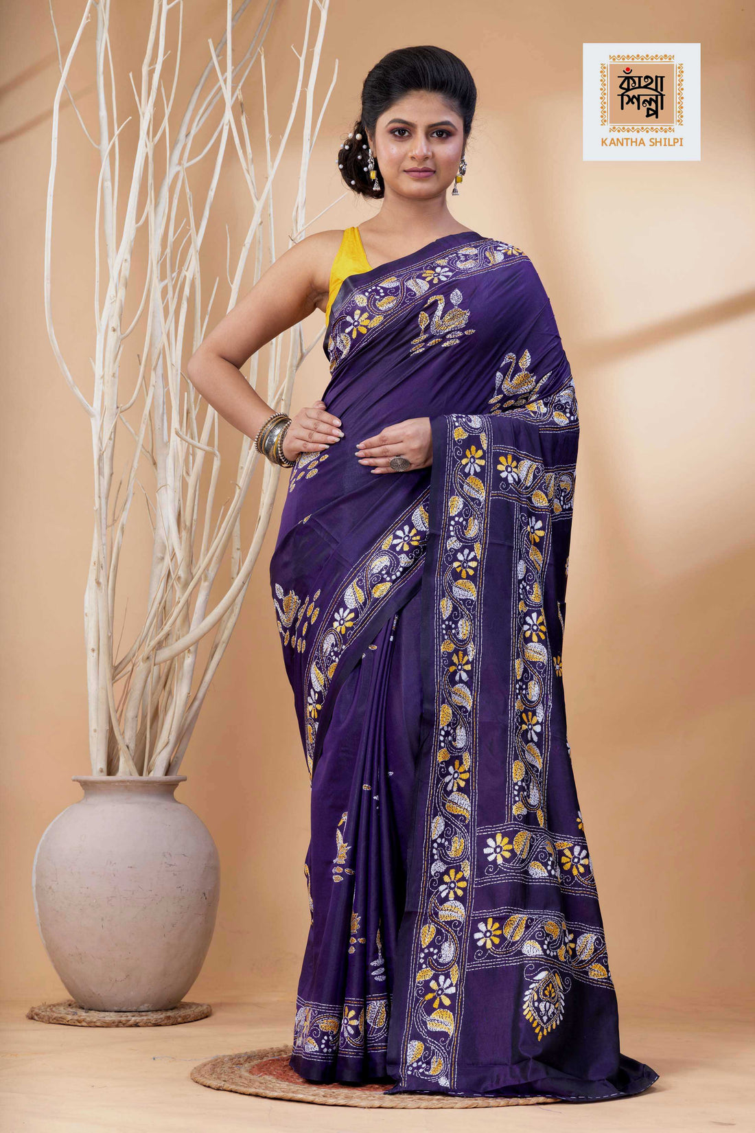 Purple Color Bangalore Silk Multicolor Thread Work Kantha Stitch Saree