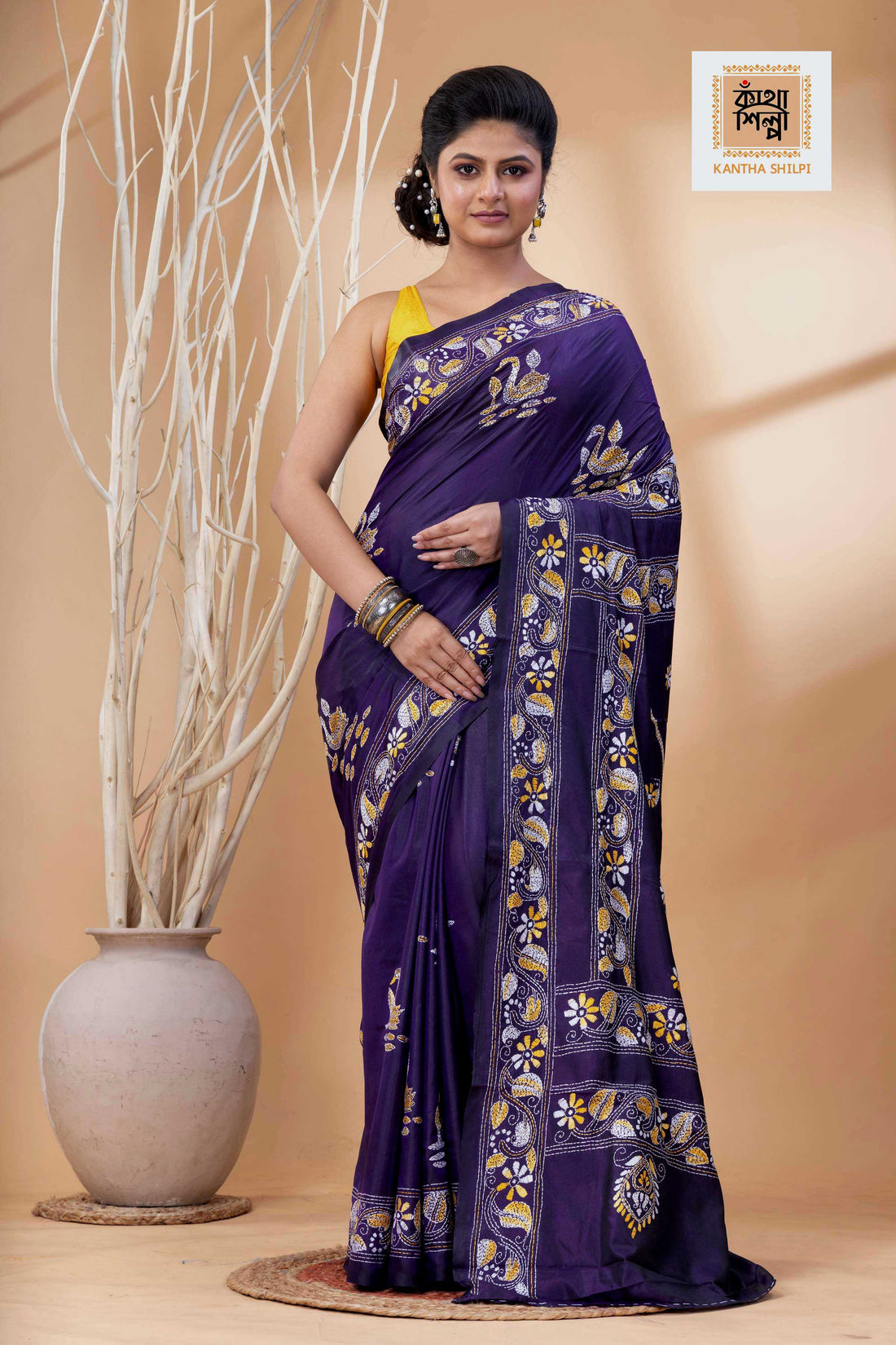 Purple Color Bangalore Silk Multicolor Thread Work Kantha Stitch Saree