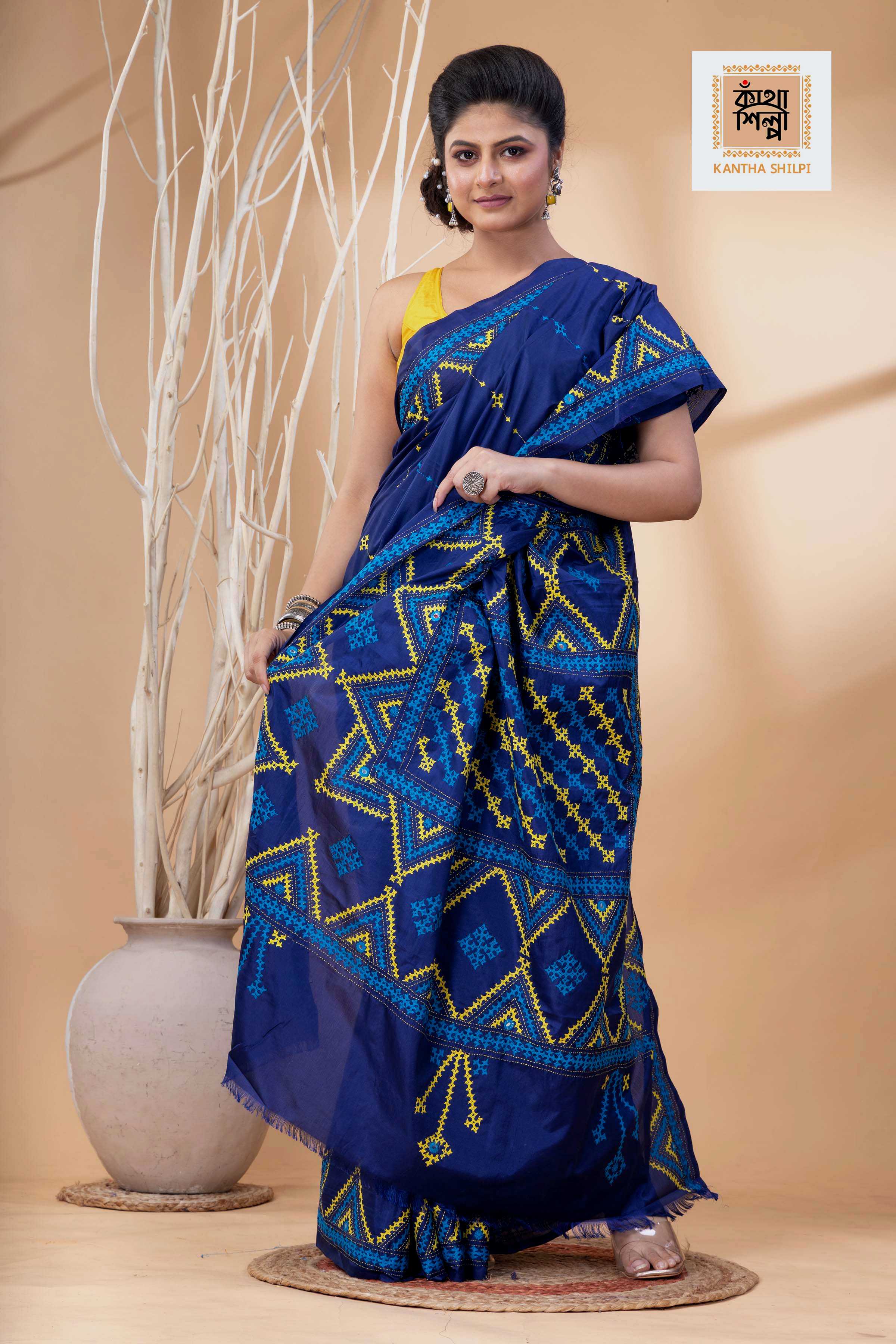 Navy Blue Bangalore Silk Yellow-Blue Thread Work Gujrati Stitch Saree