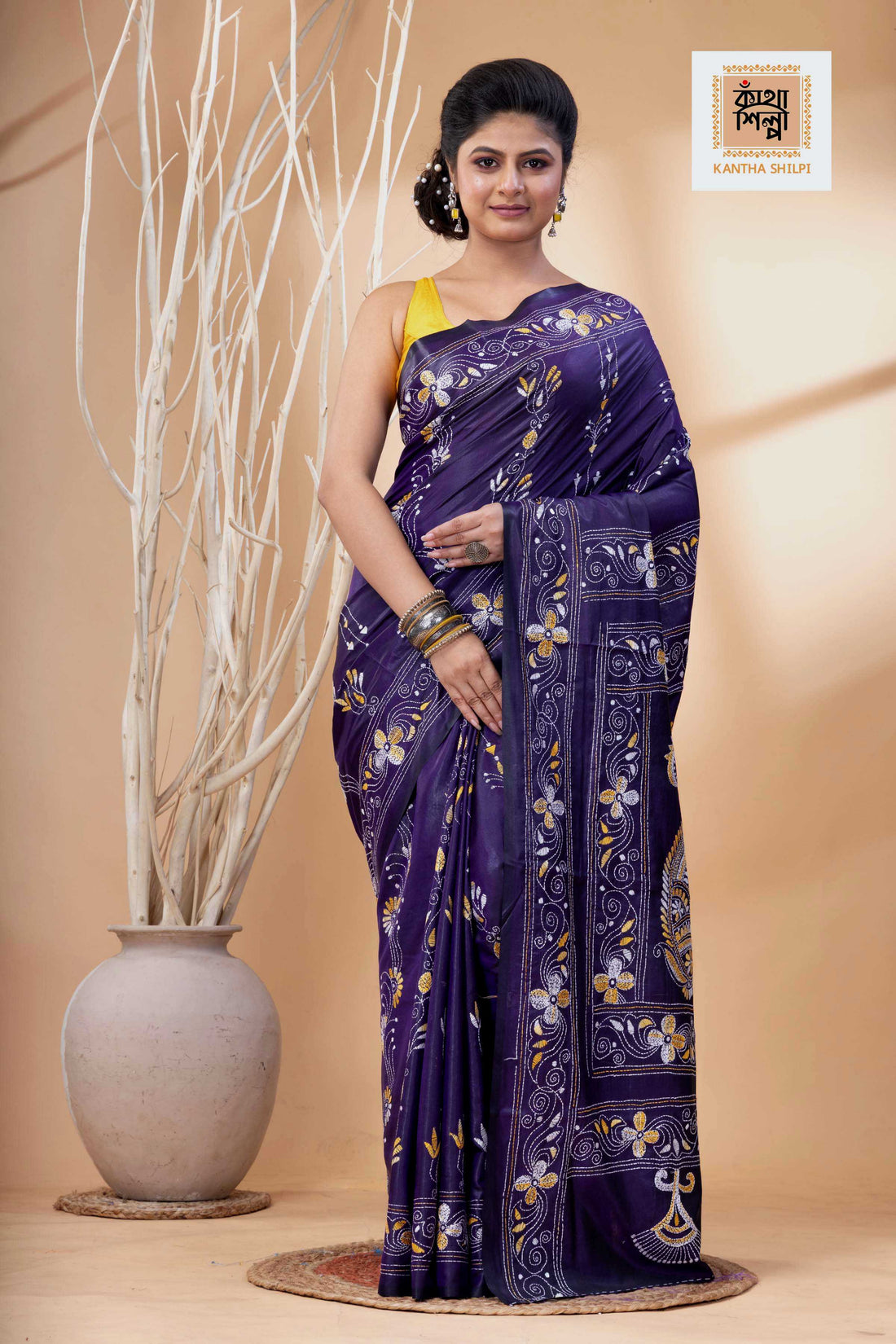 Purple Color Bangalore Silk Multicolor Thread Work Kantha Stitch Saree