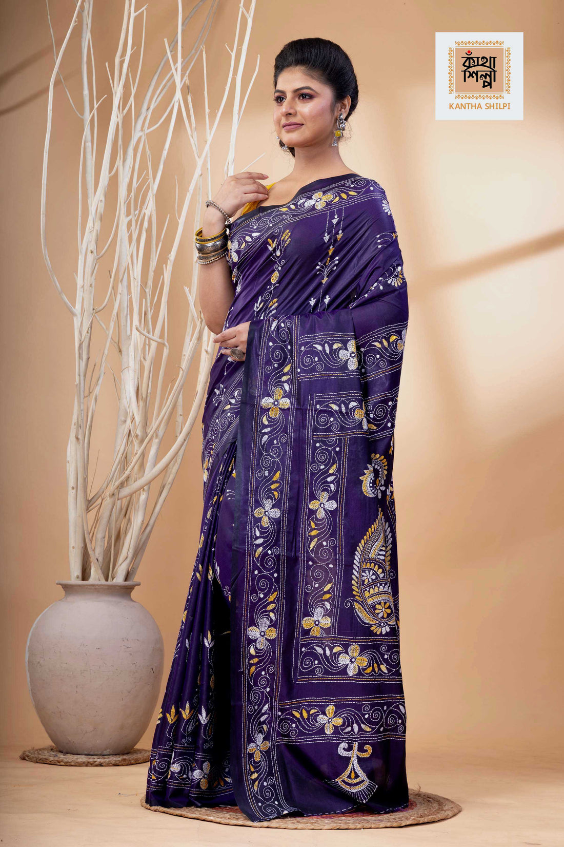 Purple Color Bangalore Silk Multicolor Thread Work Kantha Stitch Saree