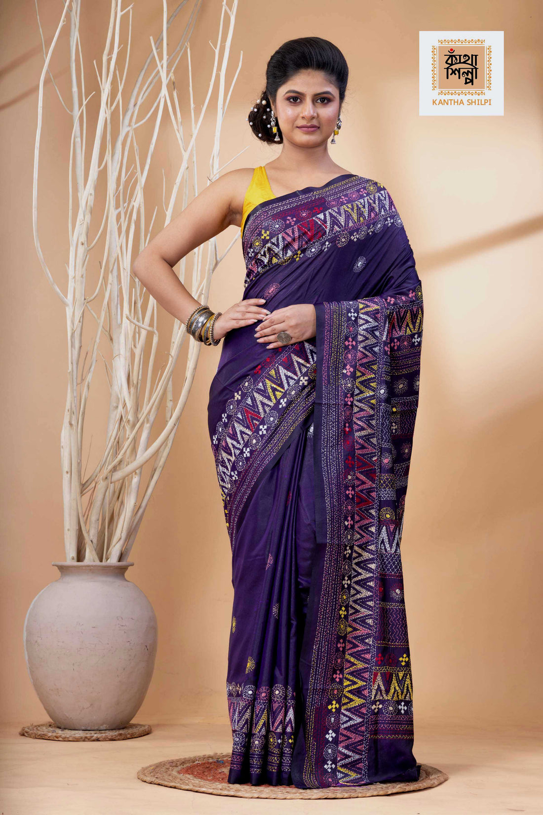 Violet Color Bangalore Silk Multicolor Thread Work Lambani Stitch Saree