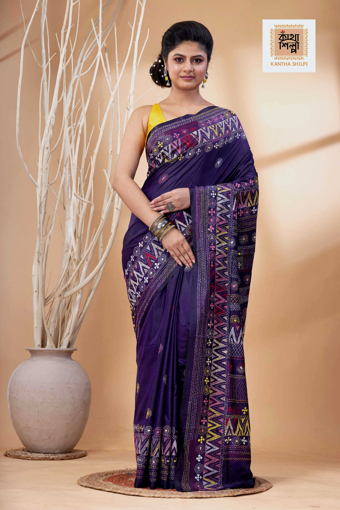 Violet Color Bangalore Silk Multicolor Thread Work Lambani Stitch Saree