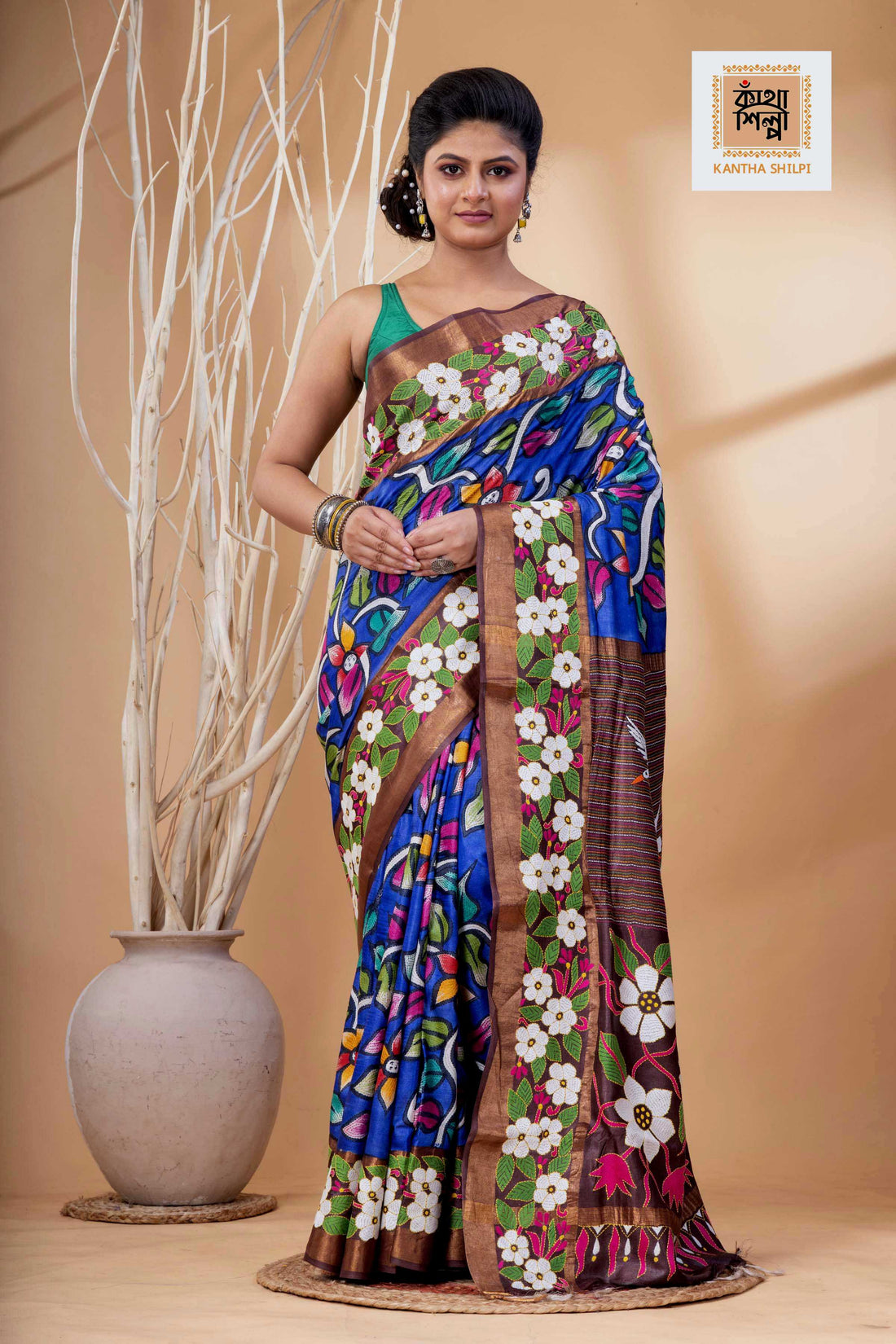 Zori Border Dye Tussar Multicolor Thread Work Floral Design Kantha Stitch Saree
