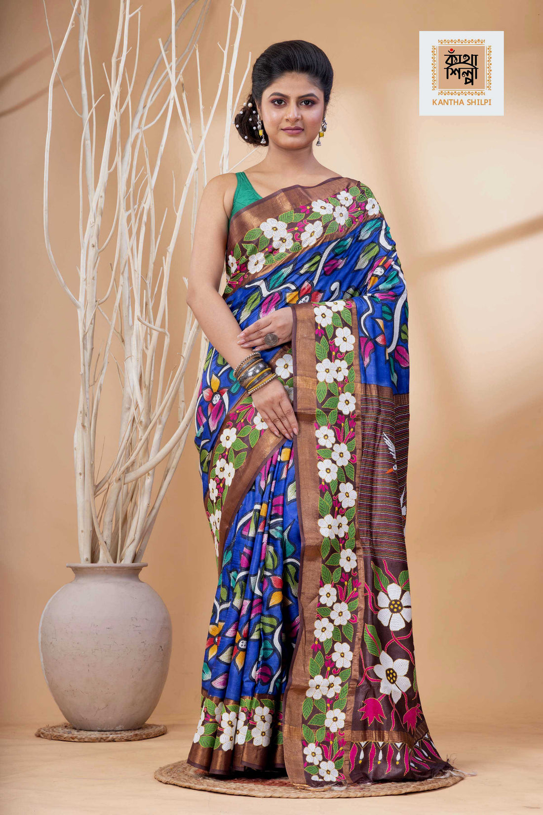 Zori Border Dye Tussar Multicolor Thread Work Floral Design Kantha Stitch Saree