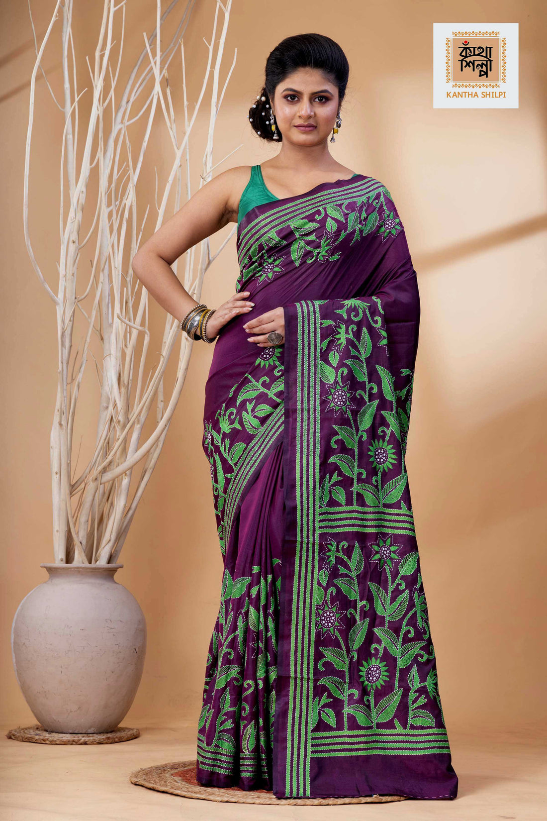 Magenta Color Bangalore Silk Green White Color Thread Work Kantha Stitch Saree