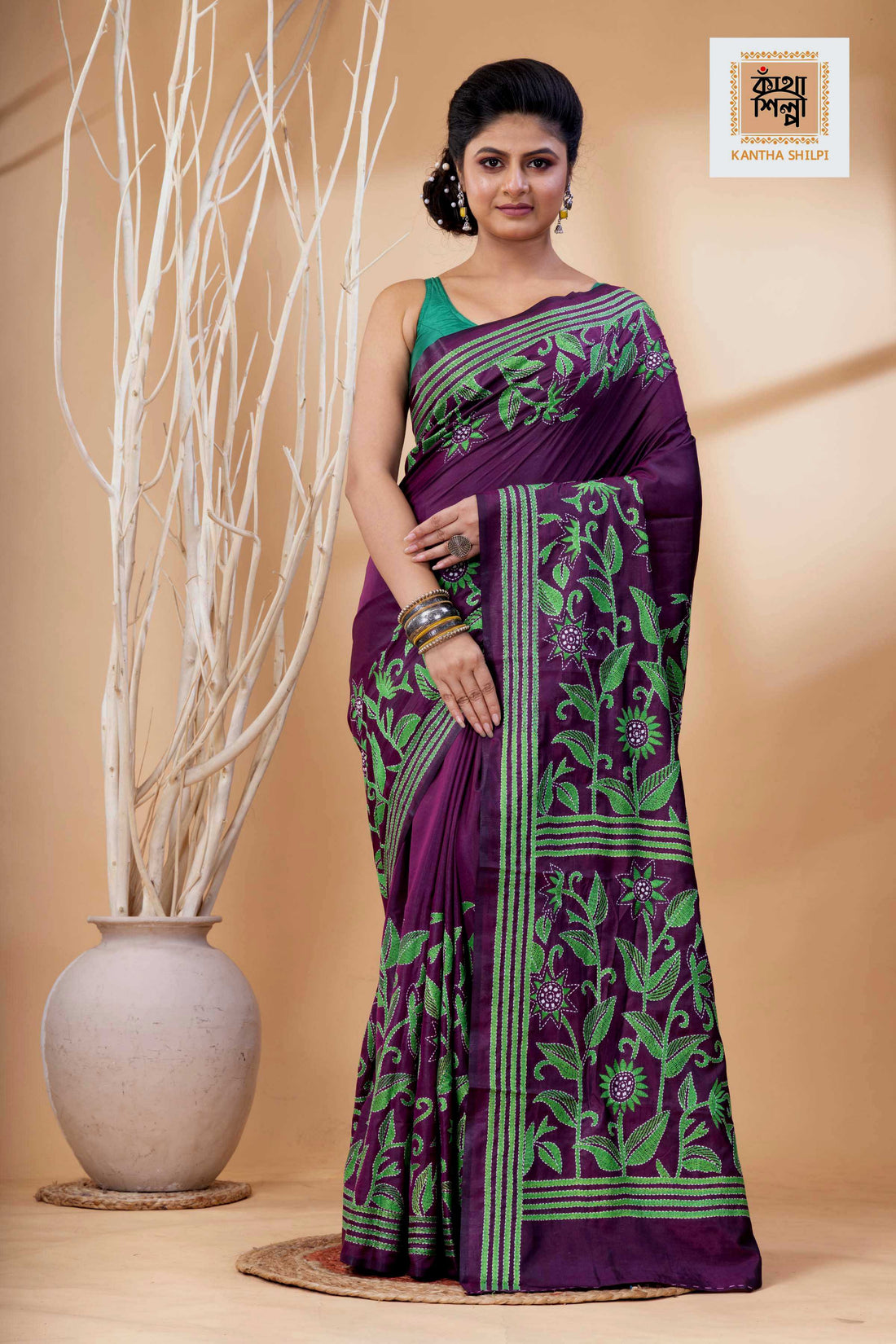 Magenta Color Bangalore Silk Green White Color Thread Work Kantha Stitch Saree
